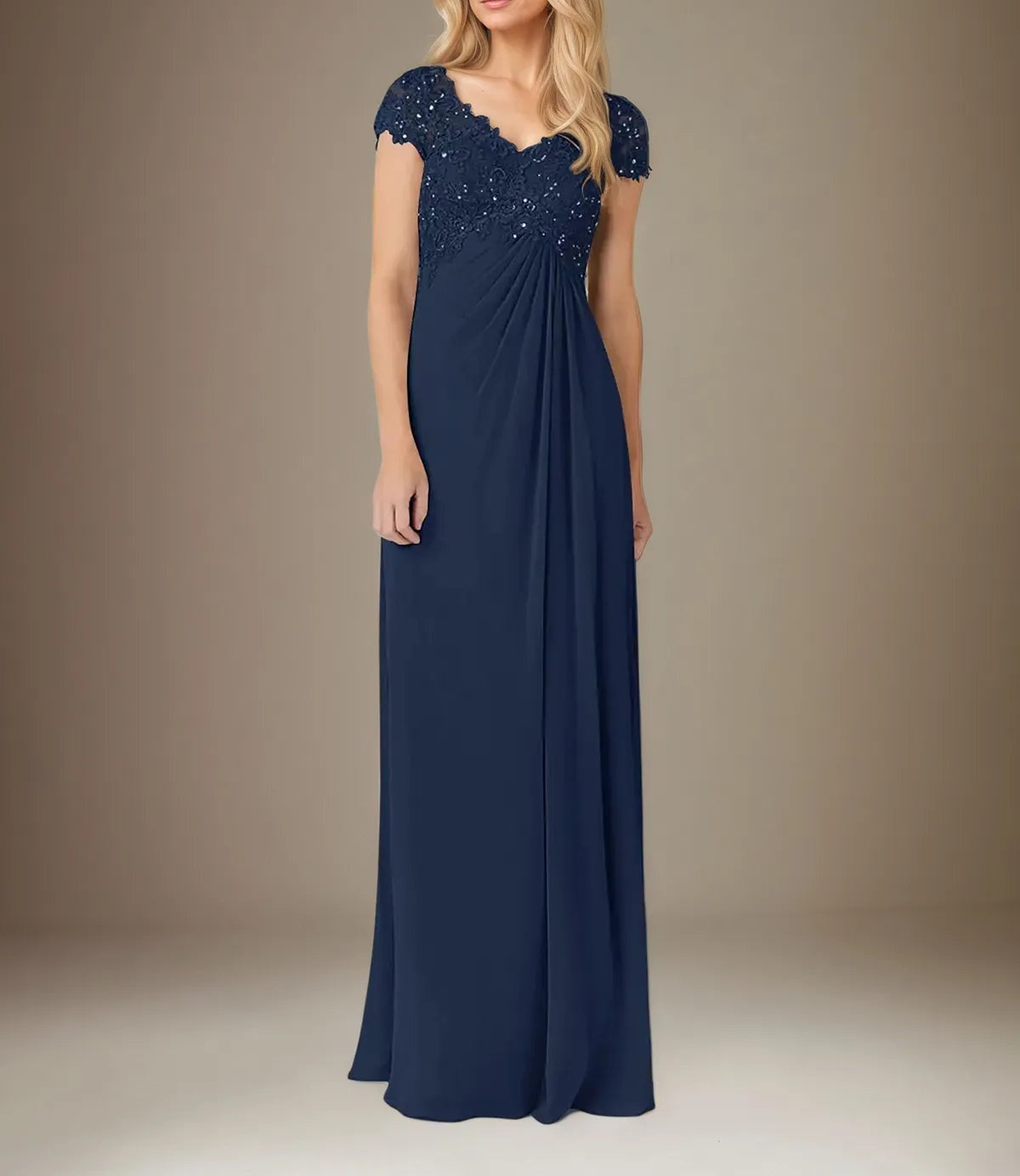 A Line Chiffon V Neck Short Sleeves Floor Length Pleated Mother of the Bride Dresses With Sequins