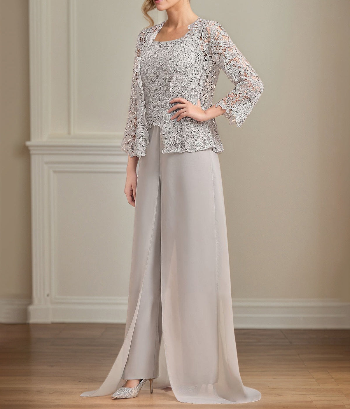 Chiffon Square Neck Sleeveless Floor Length Pleated Mother of the Bride Pantsuits