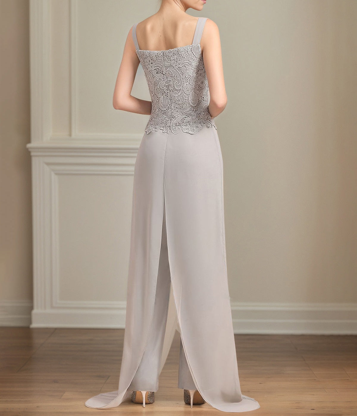 Chiffon Square Neck Sleeveless Floor Length Pleated Mother of the Bride Pantsuits