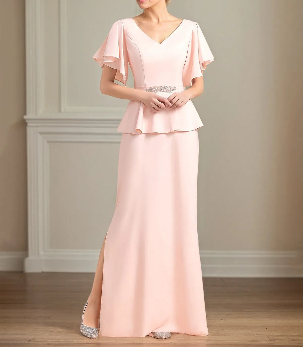 Chiffon V Neck Short Sleeves Floor Length Pleated Mother of the Bride Dresses With Ruffles