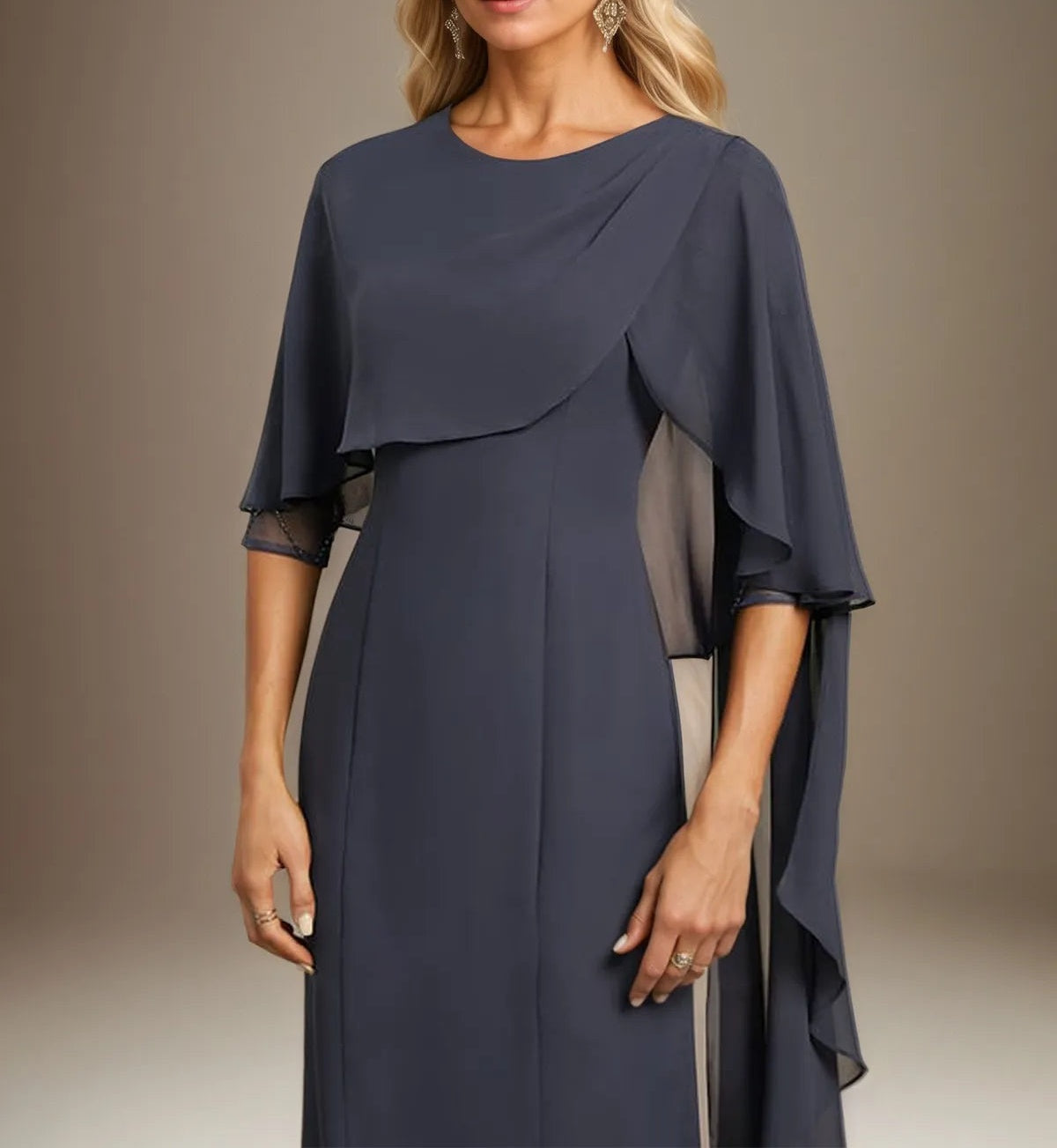 Sheath/Column Scoop Tea Length Chiffon Dress With Pleated Beading