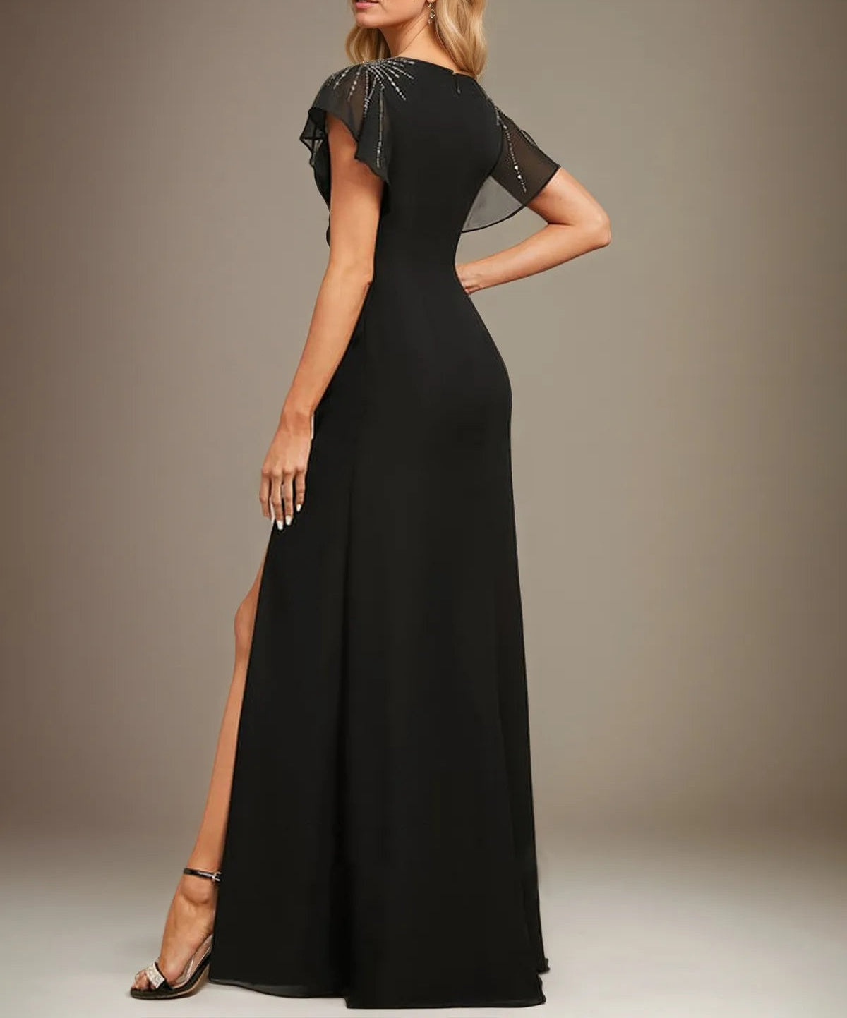 Sheath/Column V-Neck Floor-Length Chiffon Dress With Pleated Sequins Beading