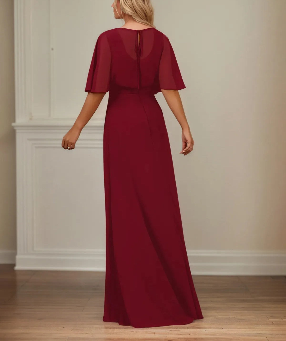 A Line V Neck 1/2 Sleeve Floor Length Chiffon Mother of the Bride Dress