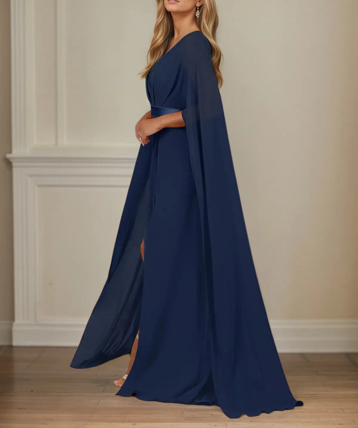 A Line V Neck Cap Sleeve Floor Length Chiffon Mother of the Bride Dress