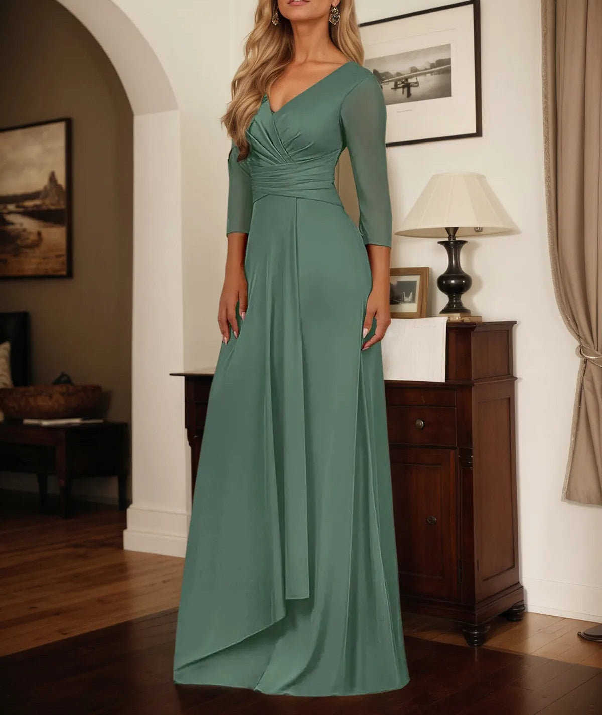 A Line V Neck 3/4 Sleeve Floor Length Chiffon Mother of the Bride Dress