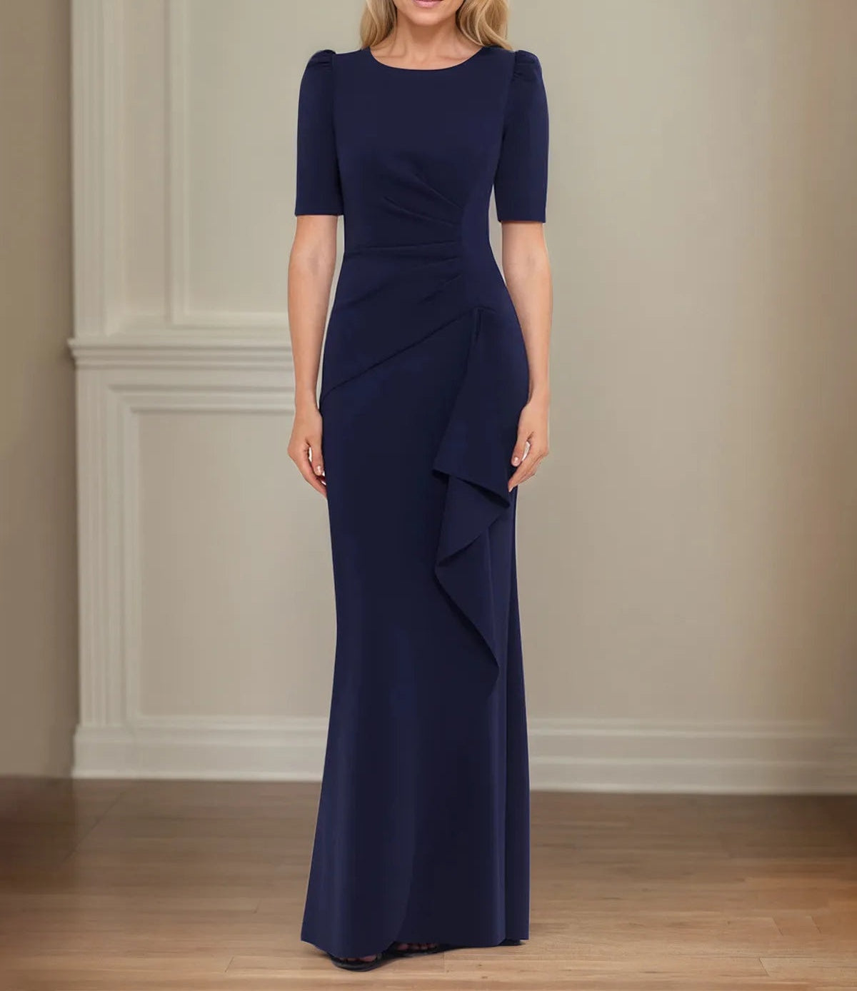 Trumpet/Mermaid Scoop Neck Short Sleeve Floor Length Stretch Crepe Mother of the Bride Dress With Ruffles