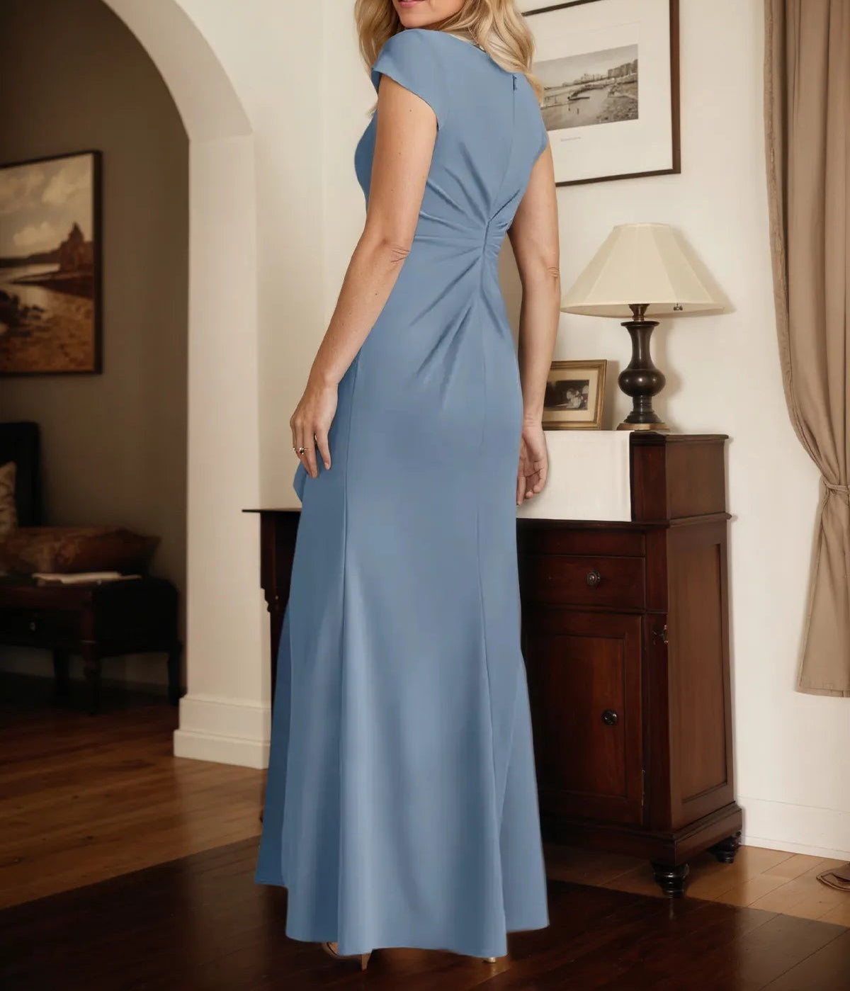 Trumpet/Mermaid V Neck Short Sleeve Floor Length Stretch Crepe Dress With Ruffles