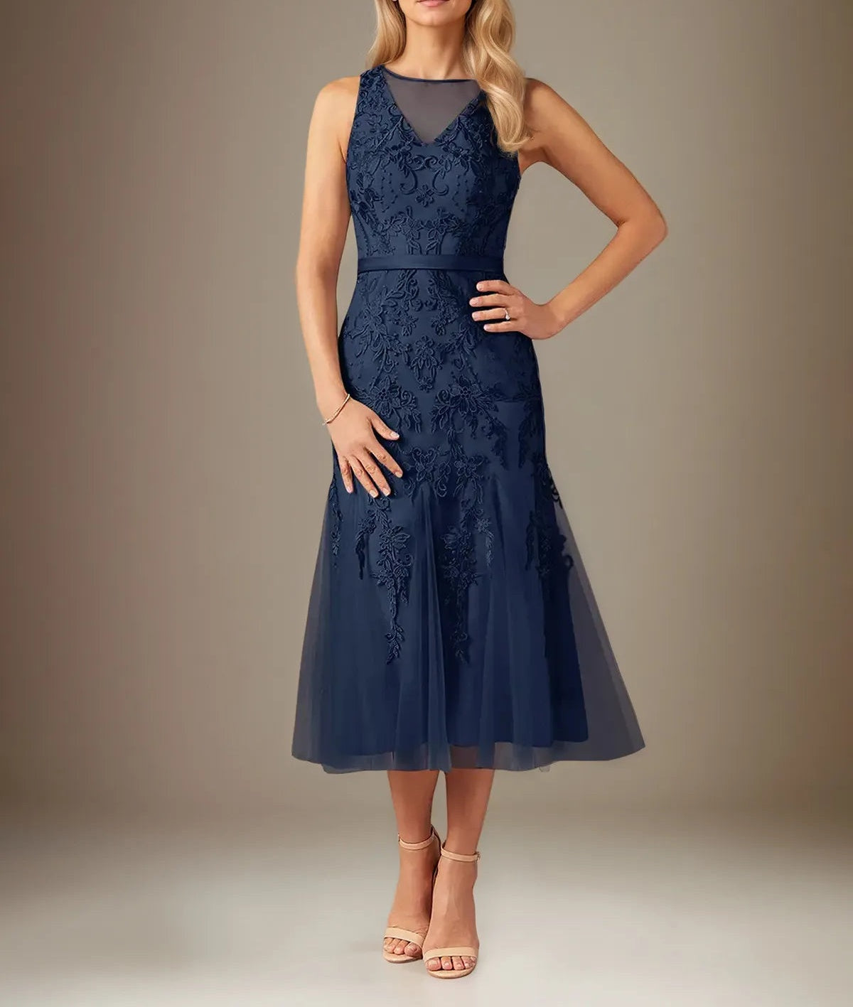 Sheath/Column Lace Scoop Neck Sleeveless Tea Length Dress