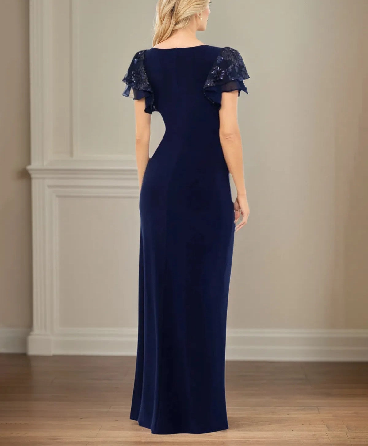 Sheath/Column Stretch Crepe V Neck Short Sleeve Floor Length Dress With Ruffles