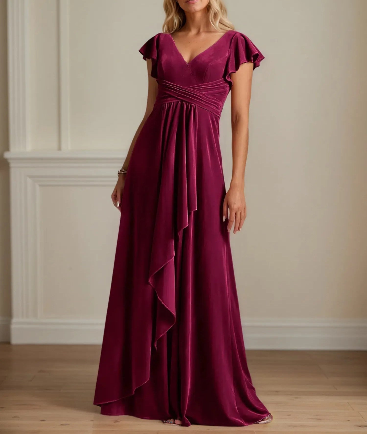 A Line V Neck Short Sleeve Velvet Mother of the Bride Dress With Ruffles