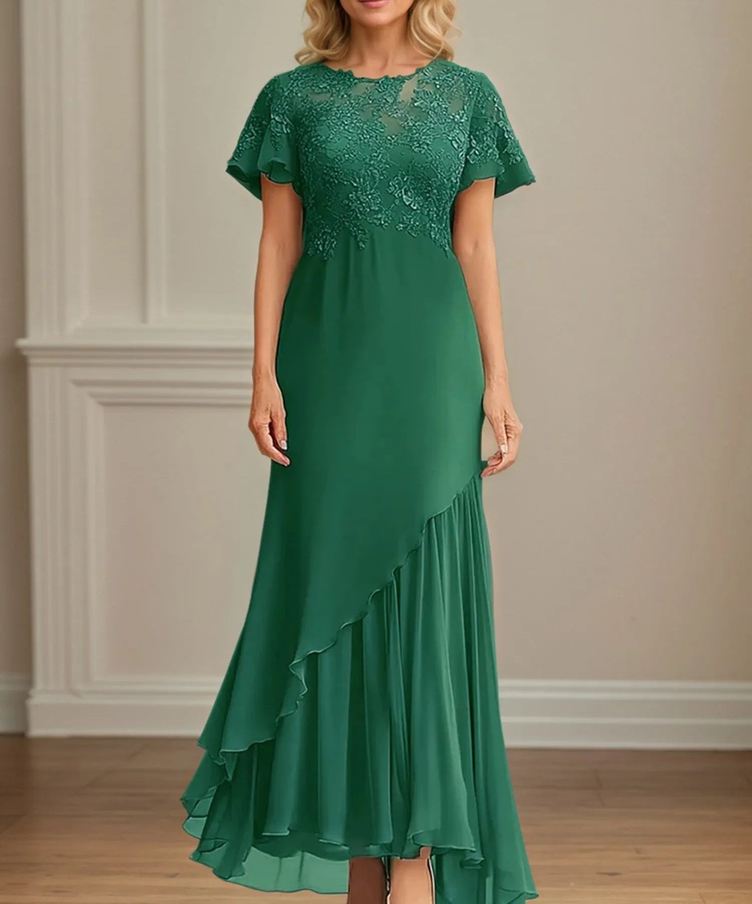 A Line Scoop Neck Short Sleeve Chiffon Mother of the Bride Dress With Appliques As Pic