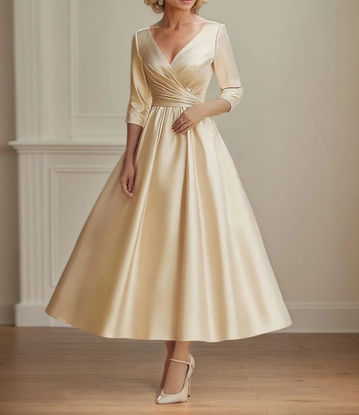 3 4 sleeve a line dress V Neck 3/4 Satin Ruched Mother of the Bride 88% Polyester Details Color:SWEET PINK mens-tr-pants Womens Maxi Holiday Dresses,