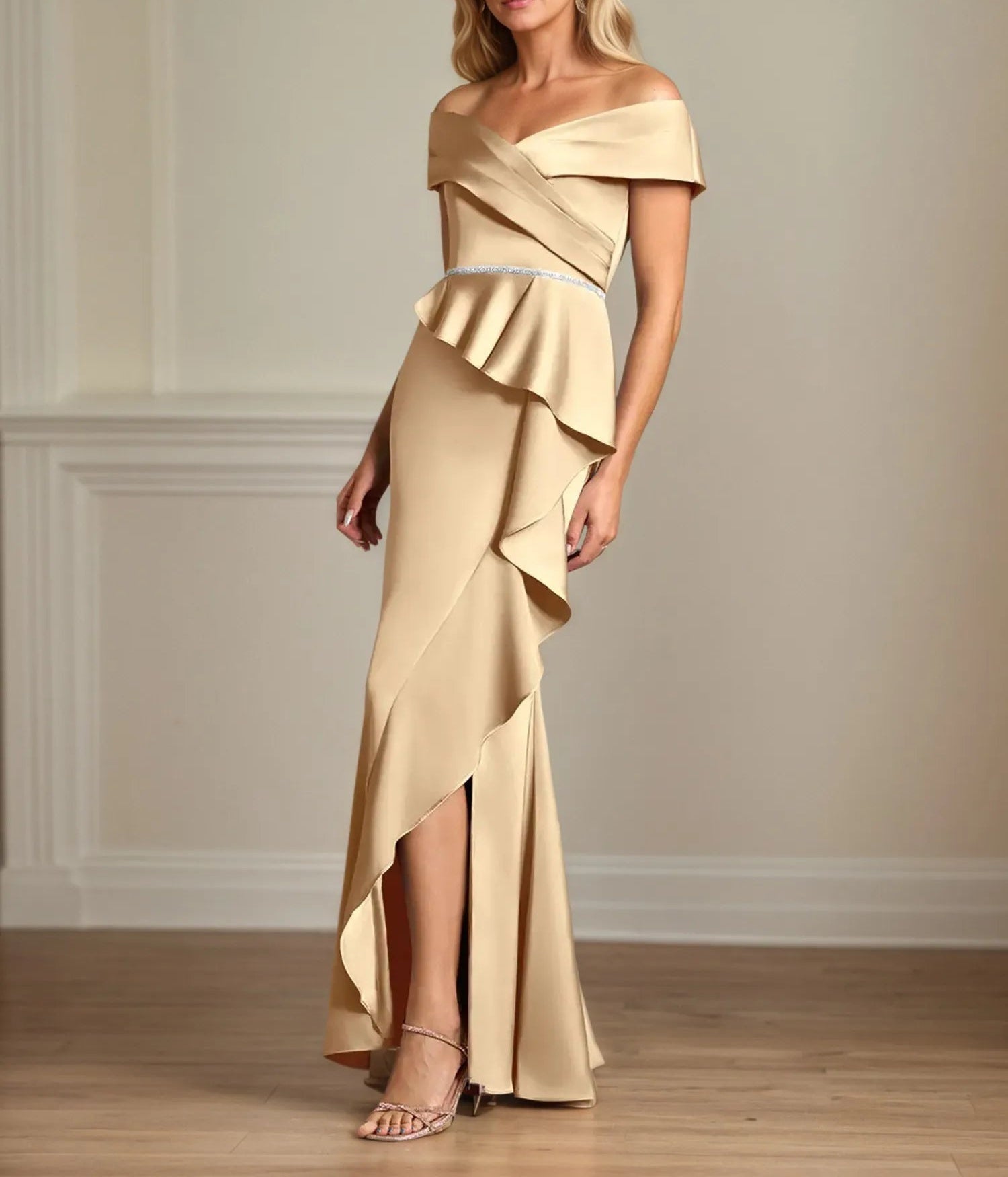 Trumpet/Mermaid Off the Shoulder Floor Length Satin Mother Of the Bride Dress With Ruffles