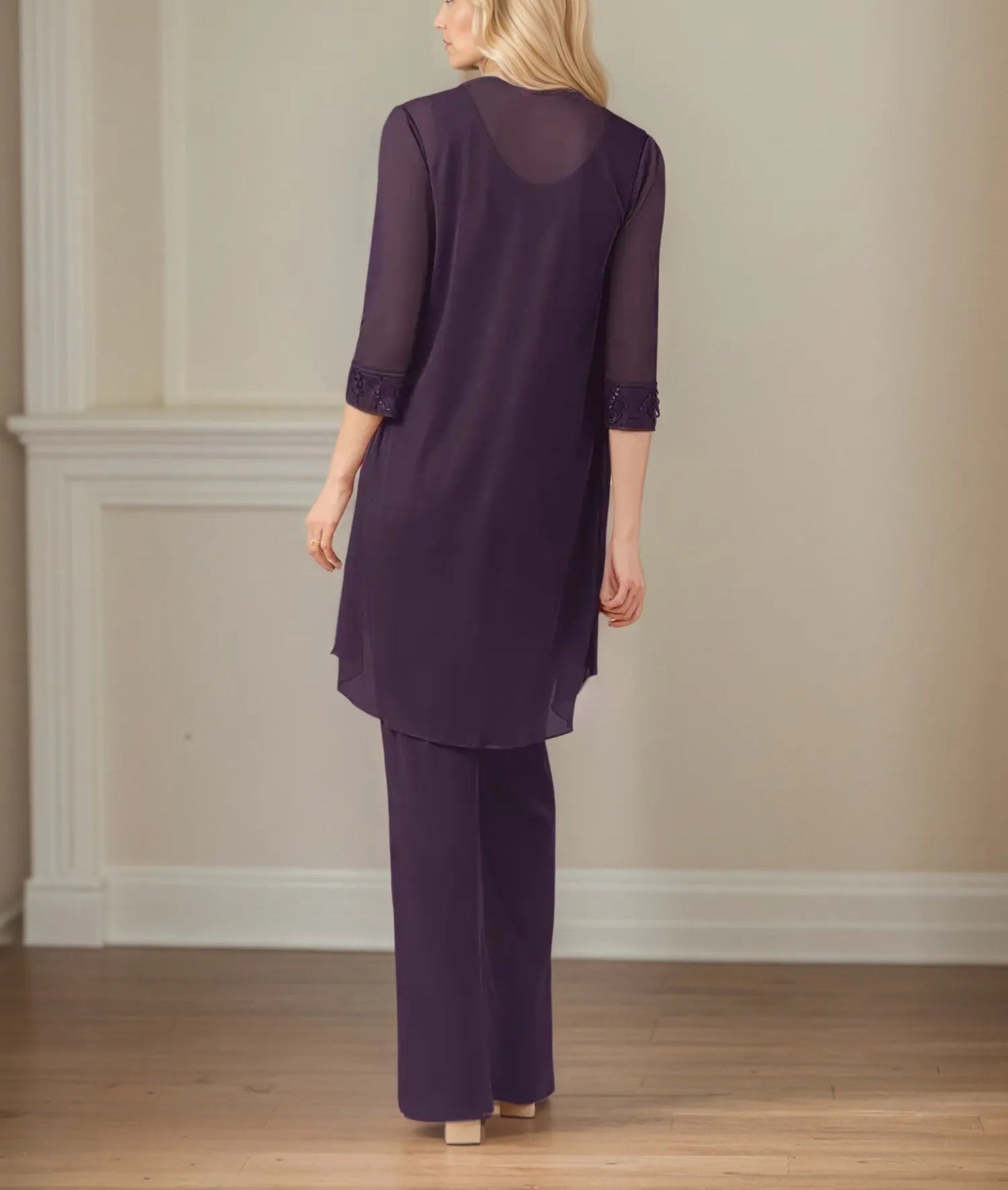 Jumpsuit/Pantsuit Scoop Neck 3/4 Sleeves Chiffon Mother of the Bride Dress