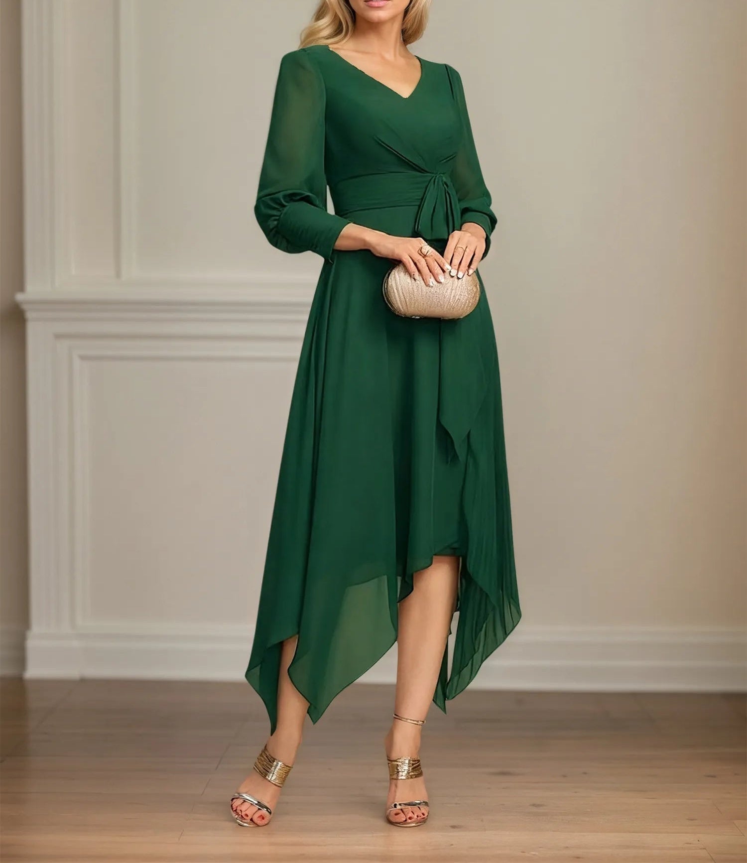 A-line V-Neck Asymmetrical Chiffon Mother of the Bride Dress With Bow Pleated