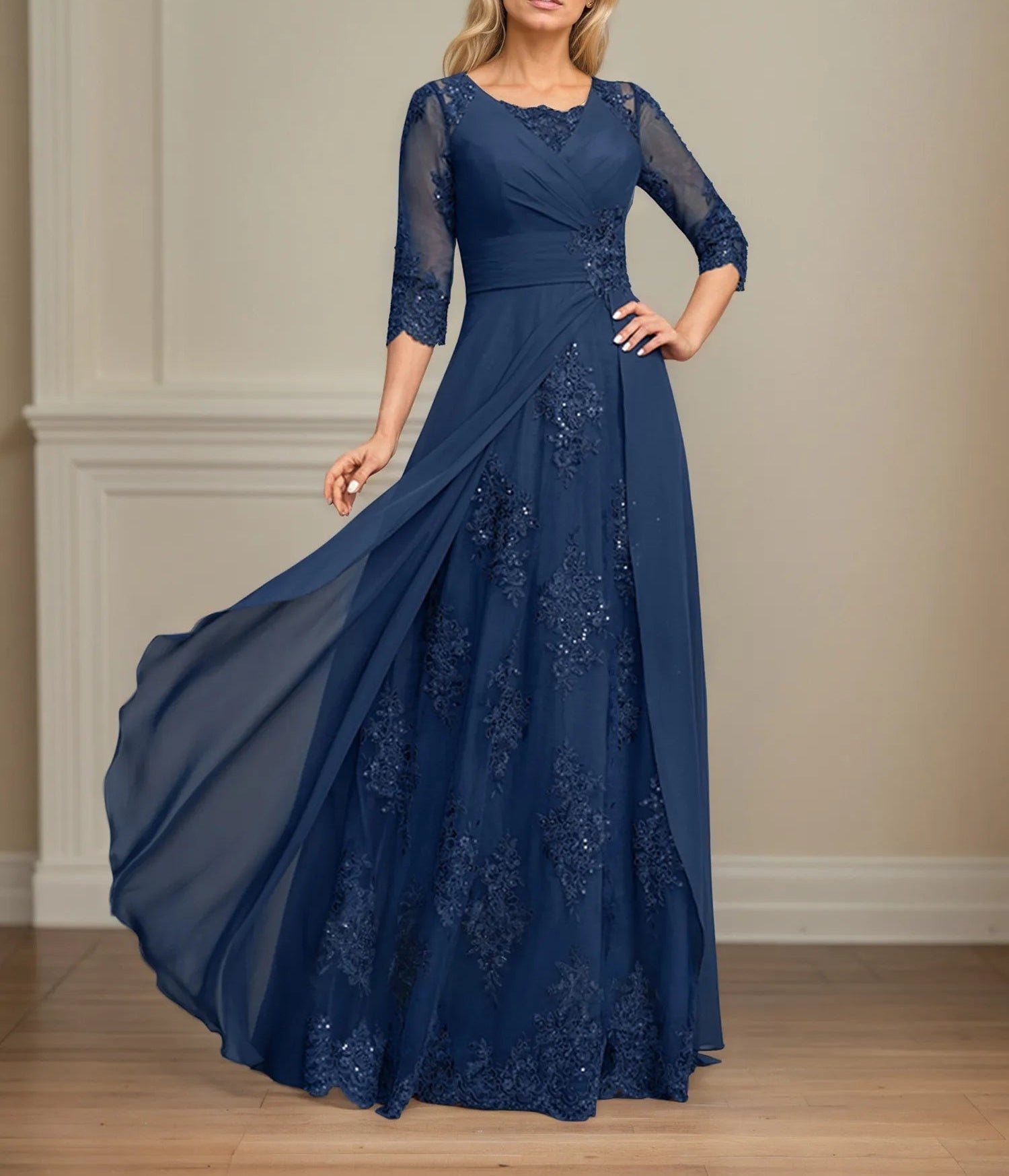A-line Square Floor-Length Lace Chiffon Mother of the Bride Dress With