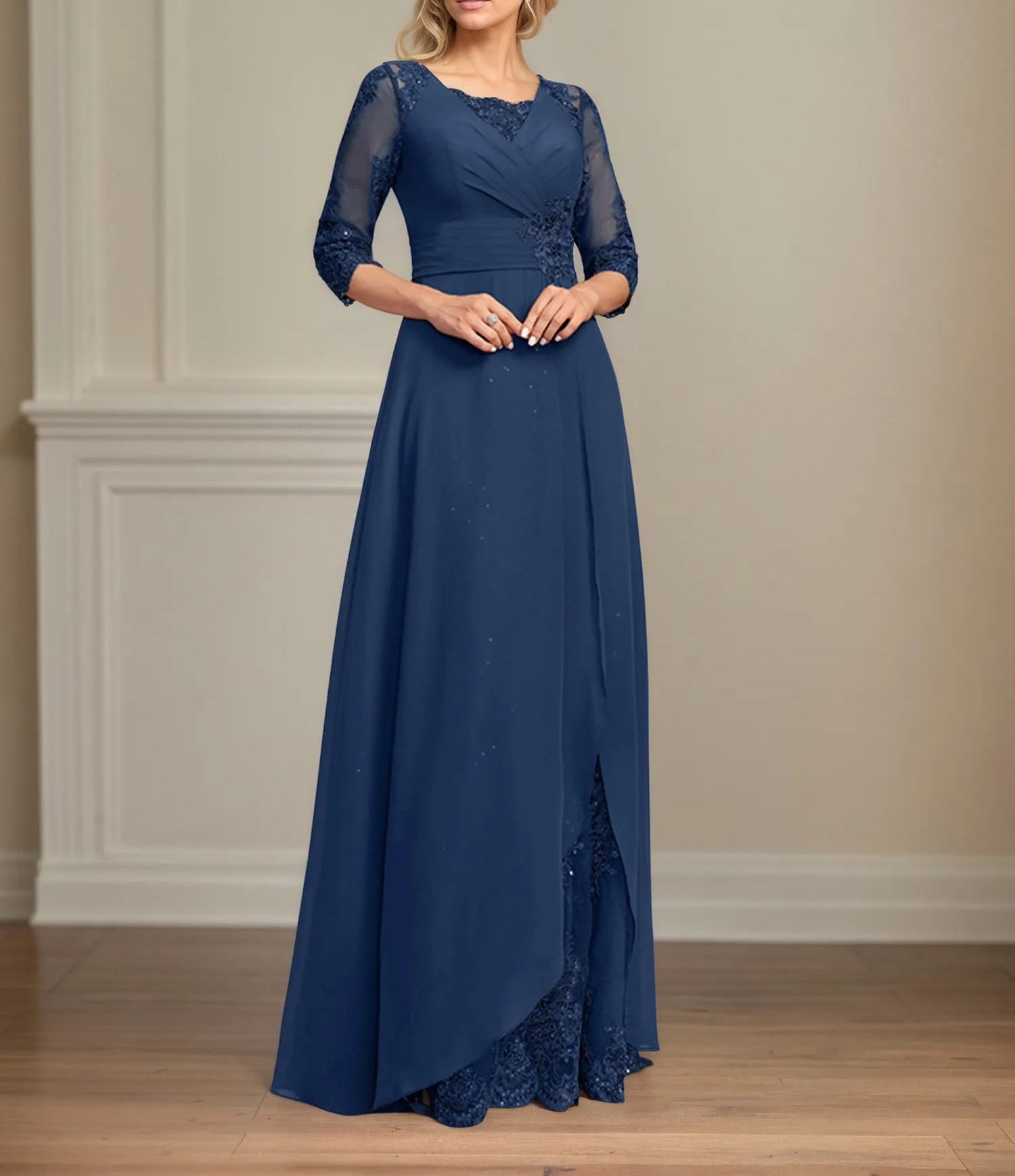 A-line Square Floor-Length Lace Chiffon Mother of the Bride Dress With Pleated Sequins