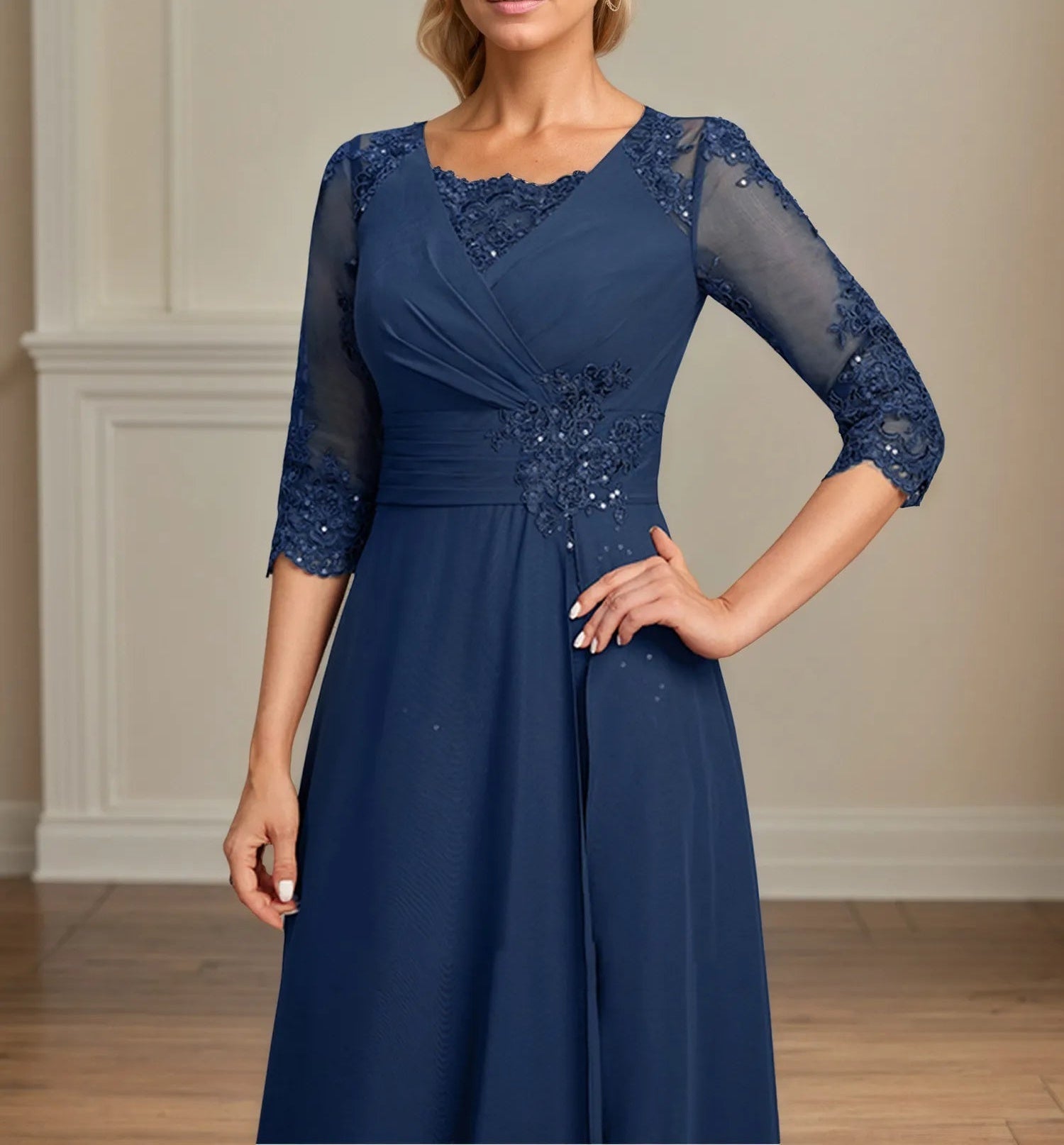 A-line Square Floor-Length Lace Chiffon Mother of the Bride Dress With Pleated Sequins