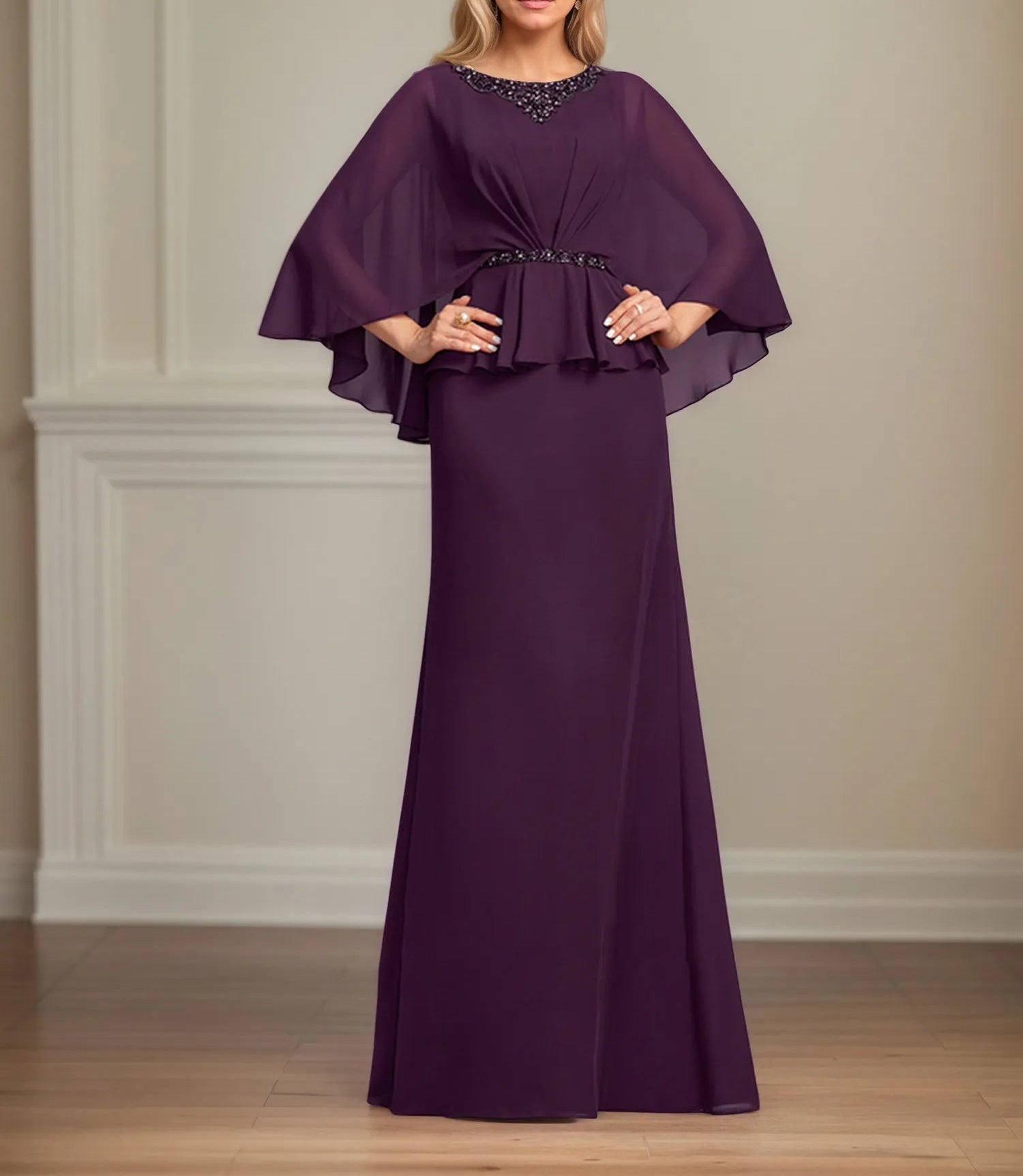 A-line Scoop Floor-Length Chiffon Mother of the Bride Dress With Pleated Sequins Beading