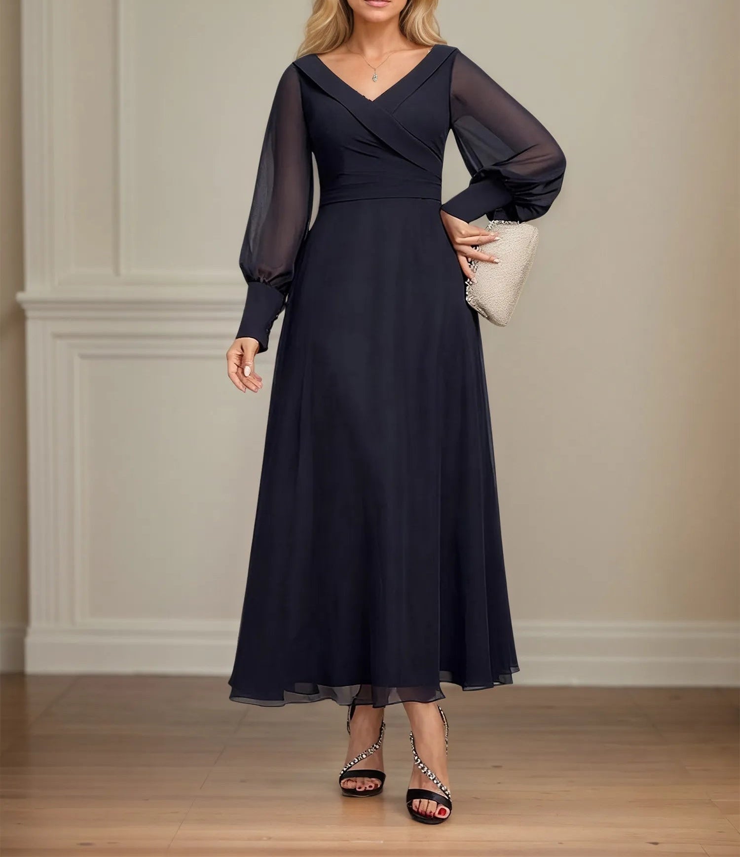 A-line V-Neck Collared Ankle-Length Chiffon Mother of the Bride Dress With Pleated
