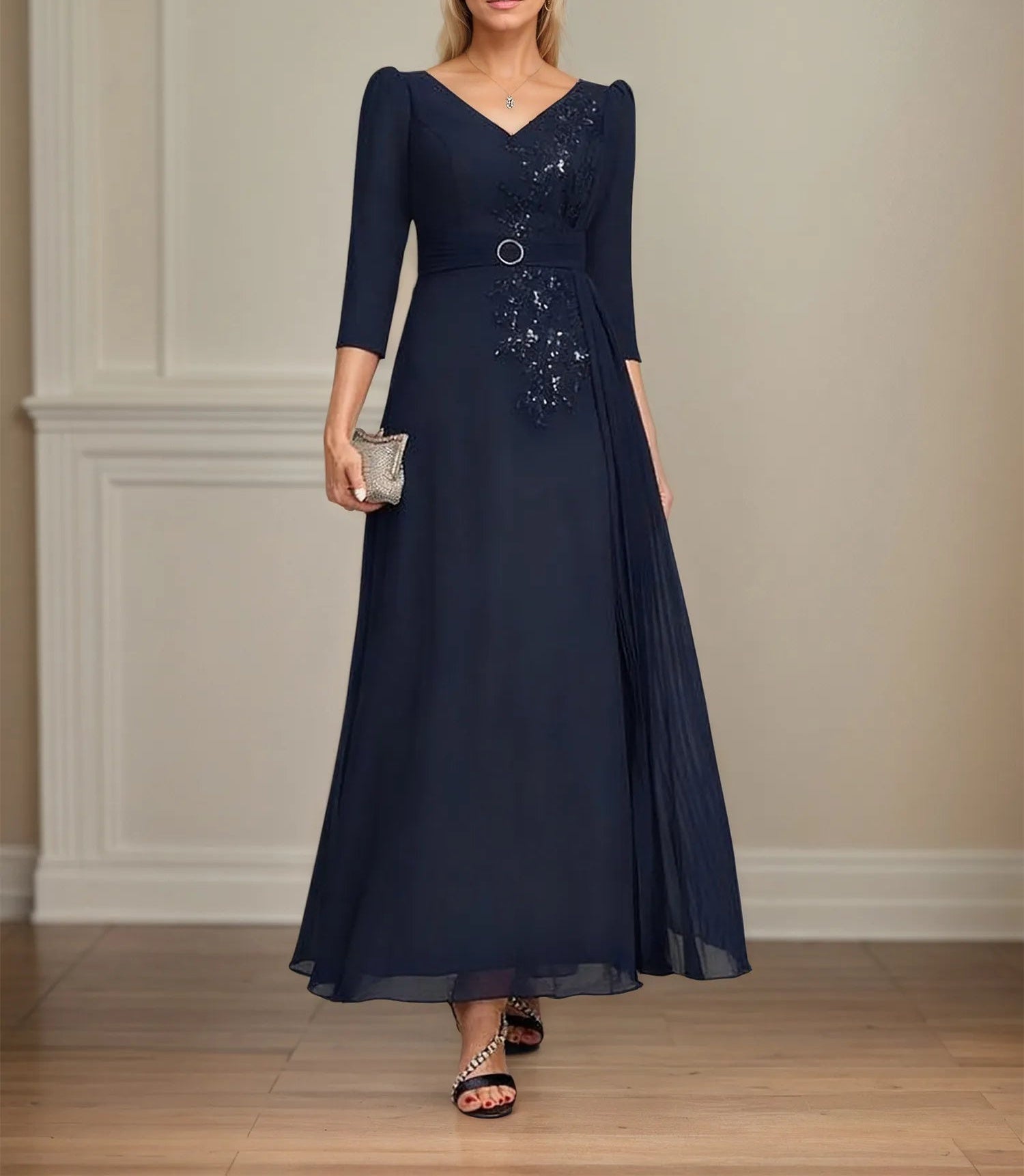 A-line V-Neck Ankle-Length Lace Chiffon Mother of the Bride Dress With