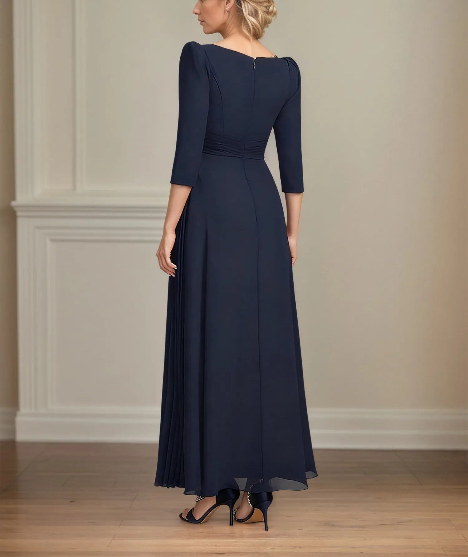 A-line V-Neck Ankle-Length Lace Chiffon Mother of the Bride Dress With Pleated Sequins