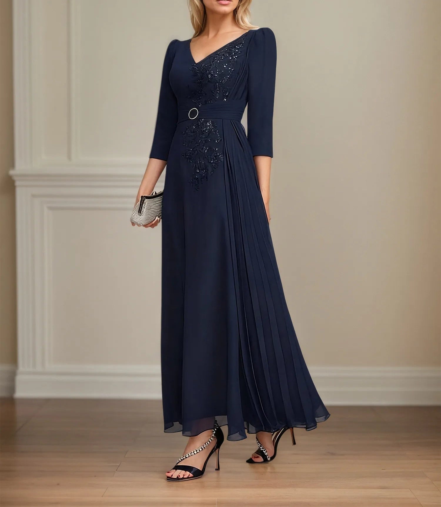 A-line V-Neck Ankle-Length Lace Chiffon Mother of the Bride Dress With Pleated Sequins