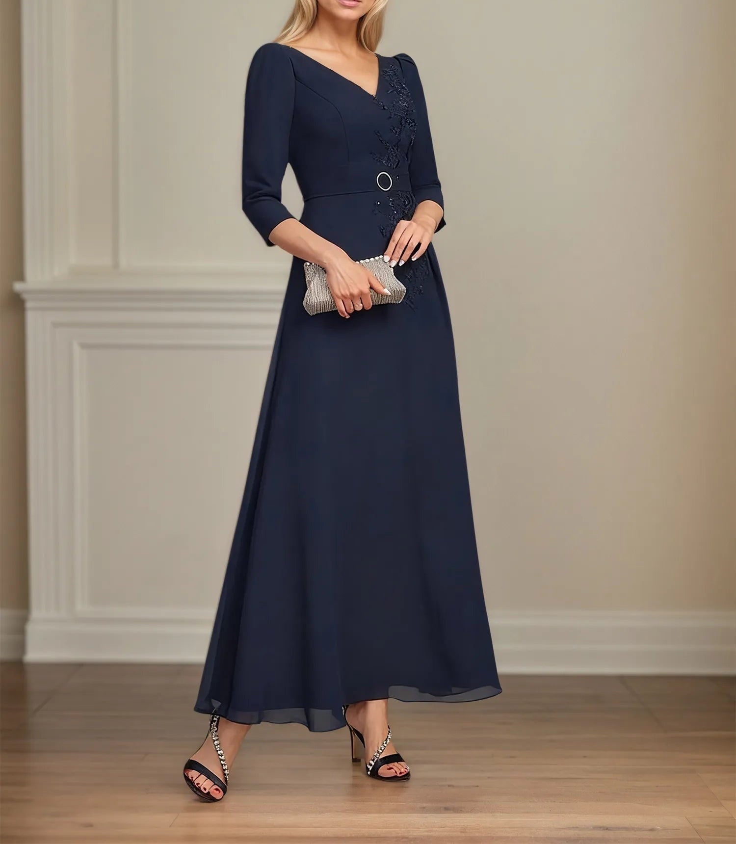A-line V-Neck Ankle-Length Lace Chiffon Mother of the Bride Dress With Pleated Sequins