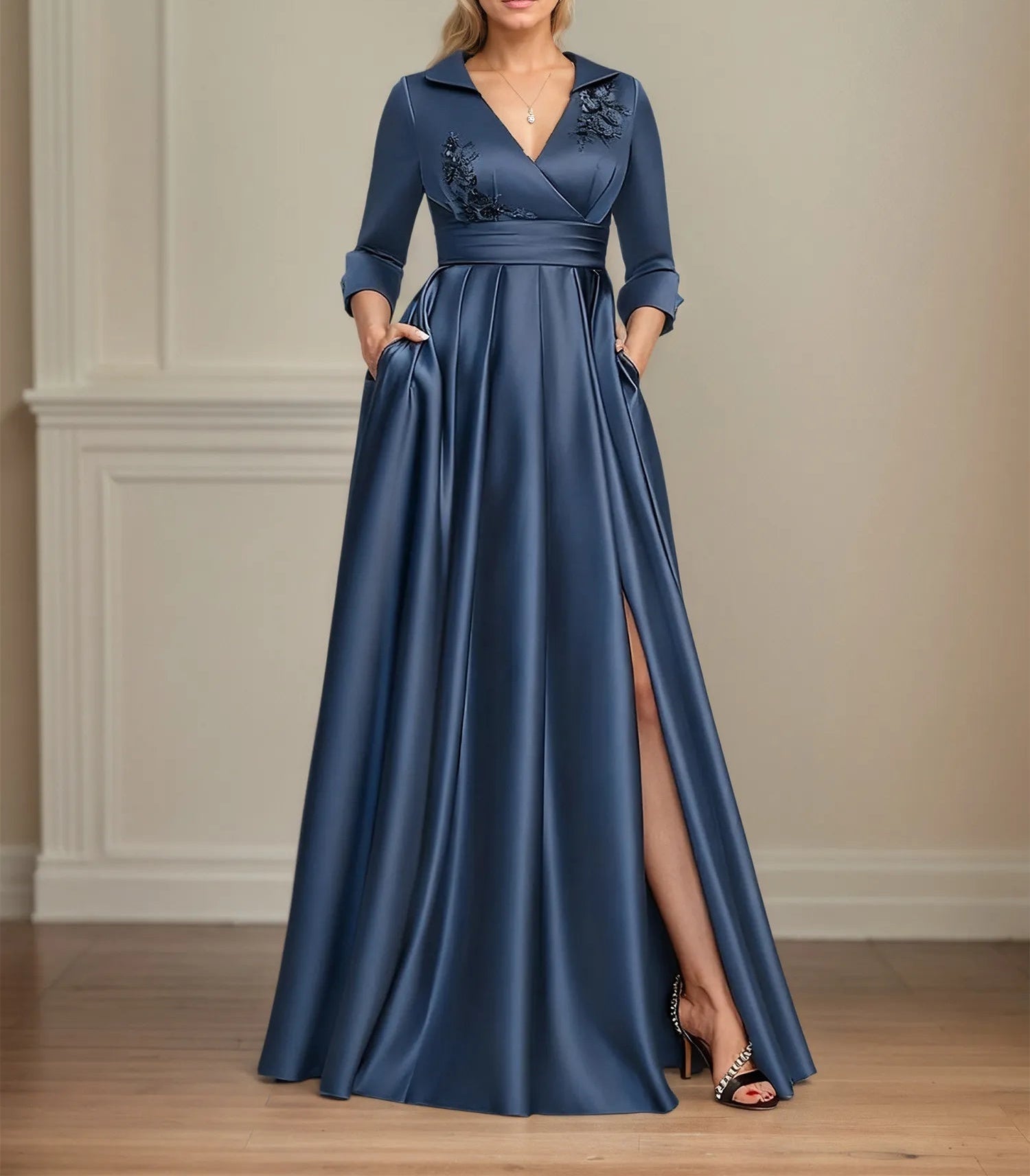 A-line V-Neck Collared Floor-Length Satin Mother of the Bride Dress With Beading 3D Floral Sequins Pleated