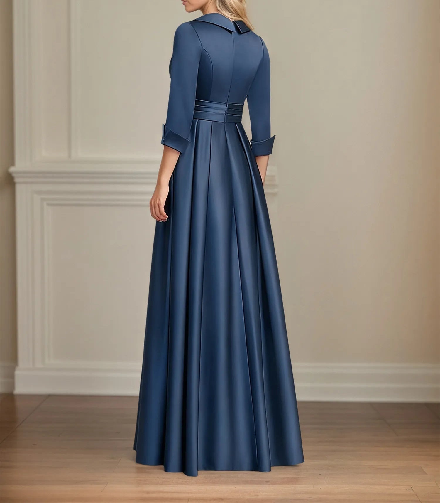 A-line V-Neck Collared Floor-Length Satin Mother of the Bride Dress With Beading 3D Floral Sequins Pleated