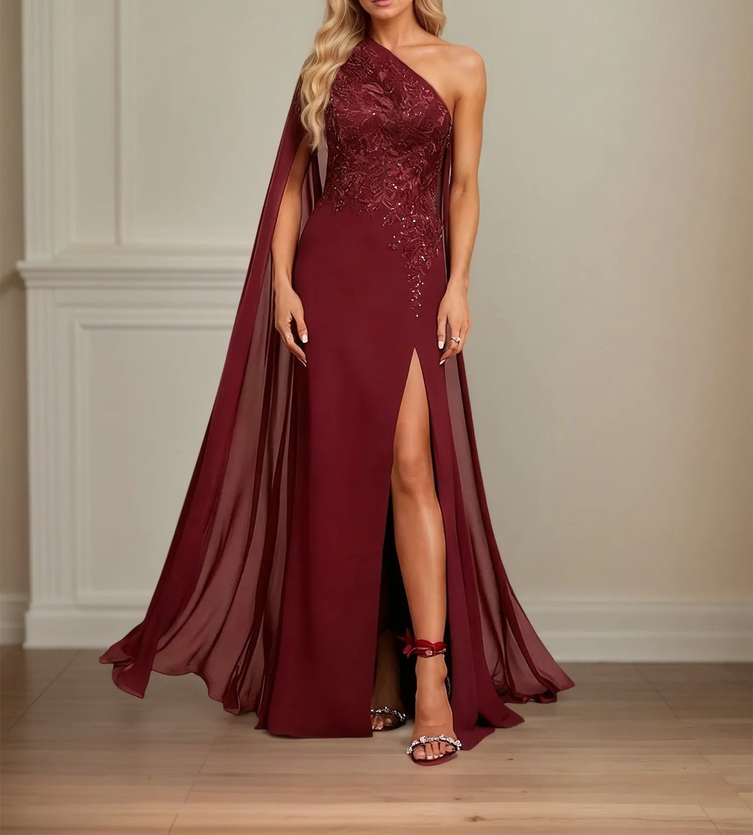 Sheath/Column One Shoulder Floor-Length Chiffon Mother of the Bride Dress With Appliques