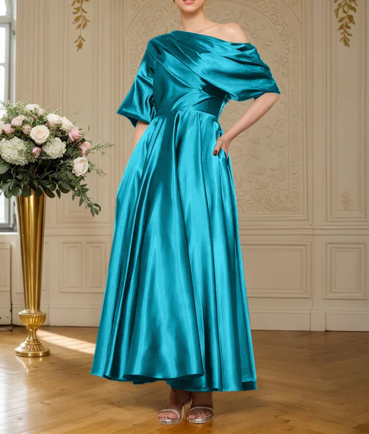 A-line Short Sleeves Pleated Ankle-Length Silk like Satin Mother of the Bride Dress