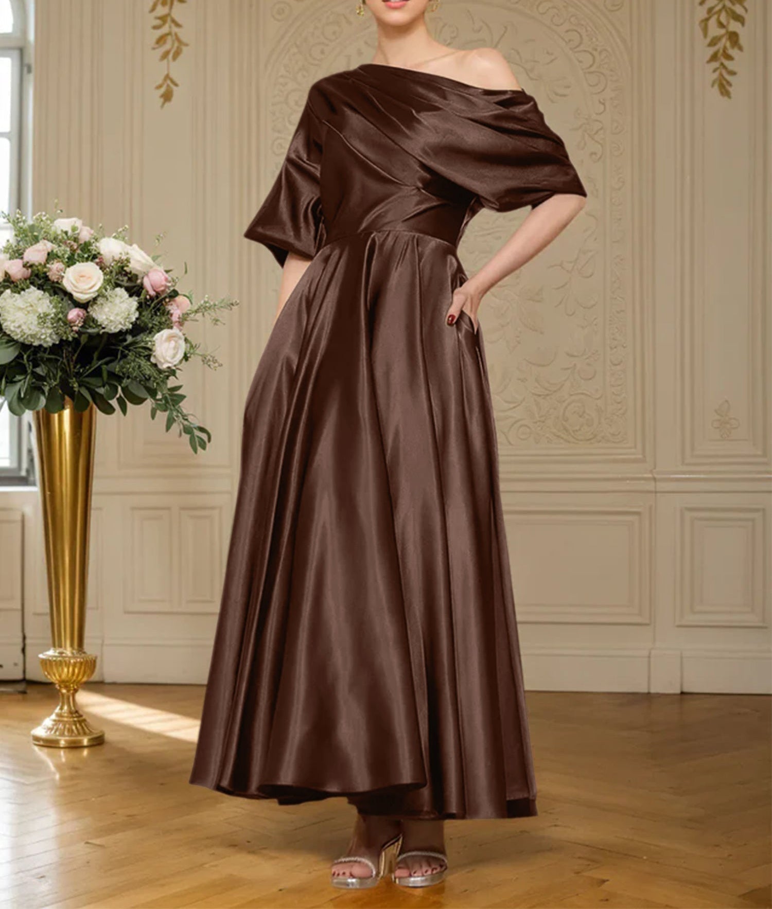 A-line Short Sleeves Pleated Ankle-Length Silk like Satin Mother of the Bride Dress