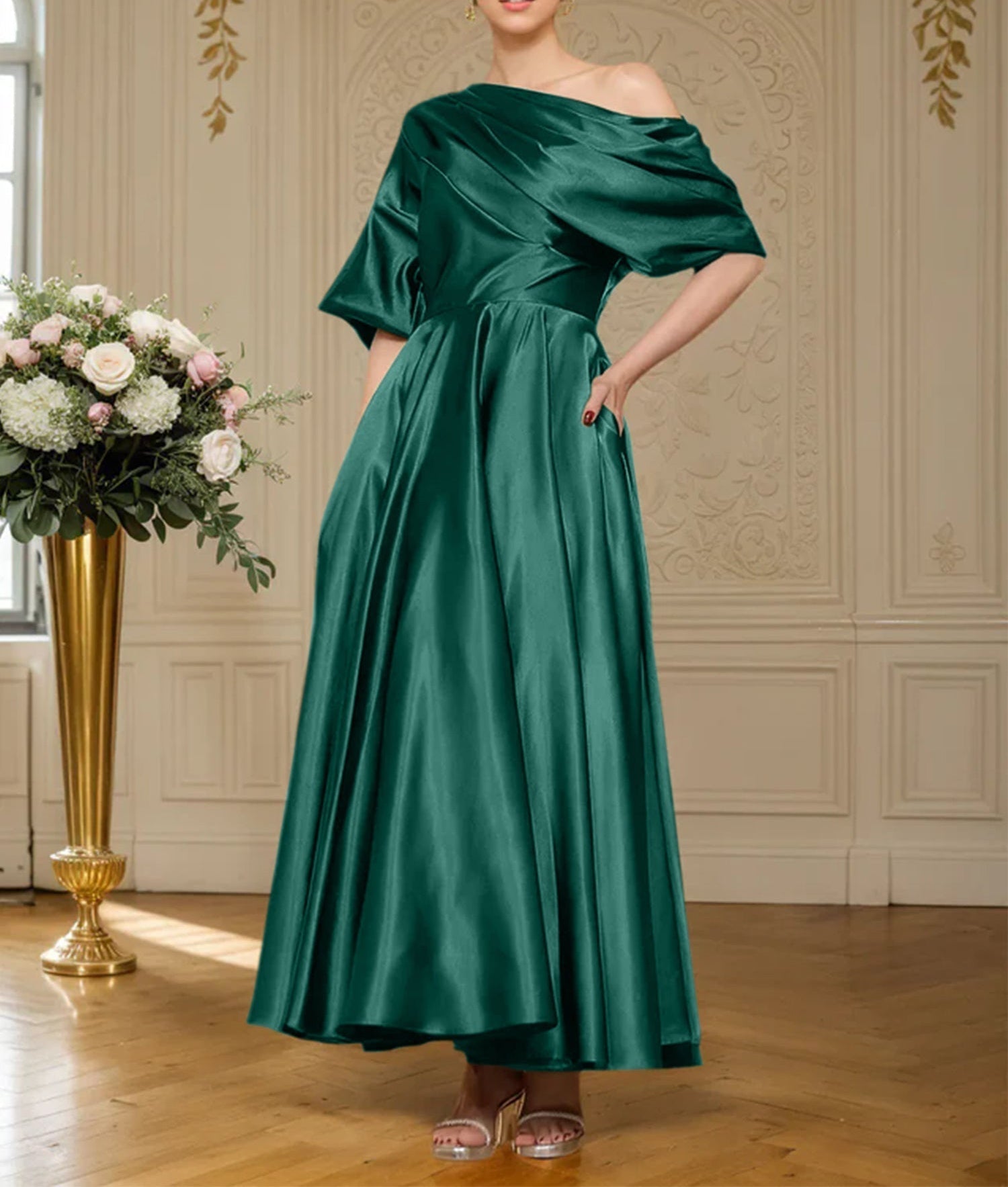 A-line Short Sleeves Pleated Ankle-Length Silk like Satin Mother of the Bride Dress