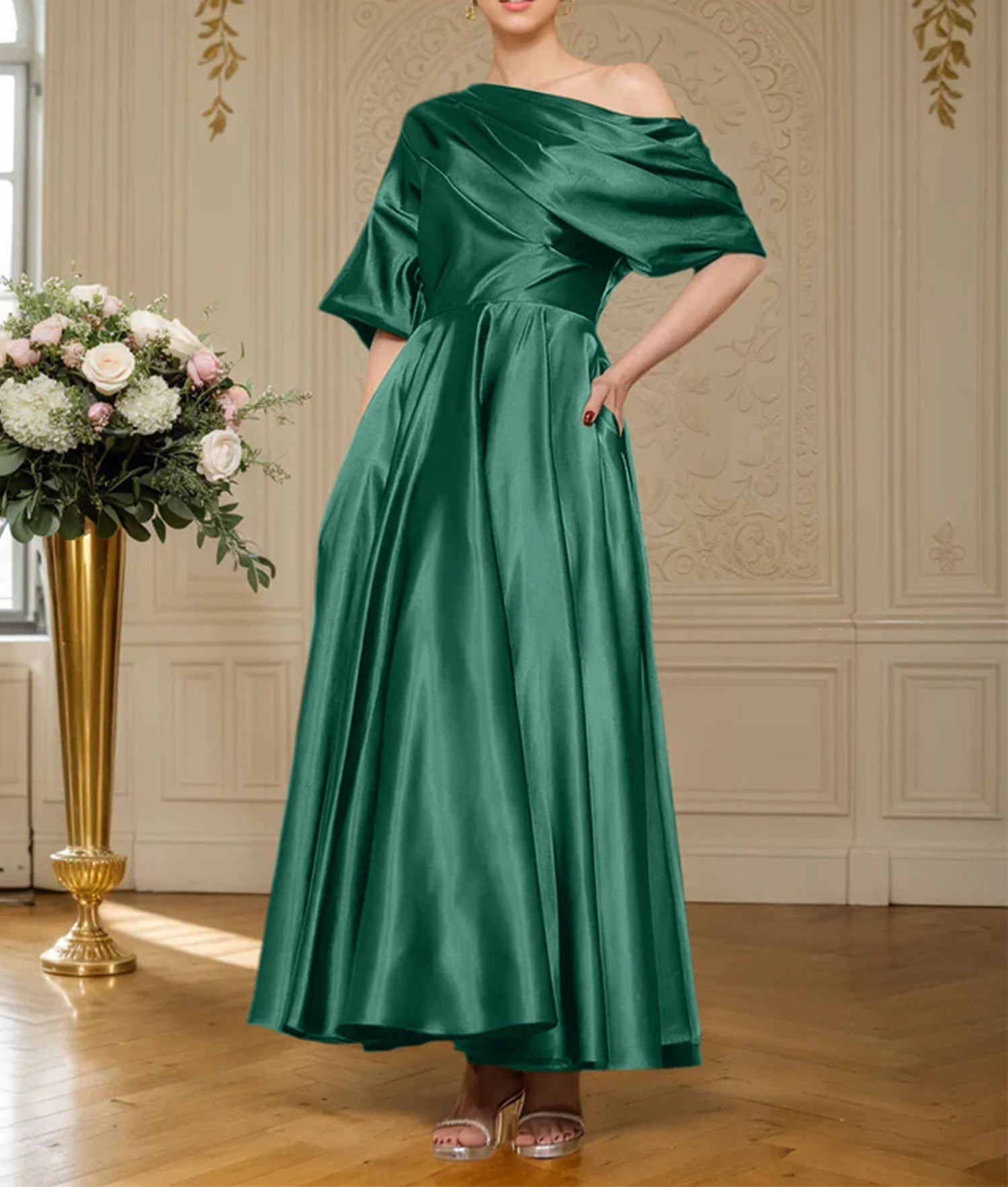 A-line Short Sleeves Pleated Ankle-Length Silk like Satin Mother of the Bride Dress