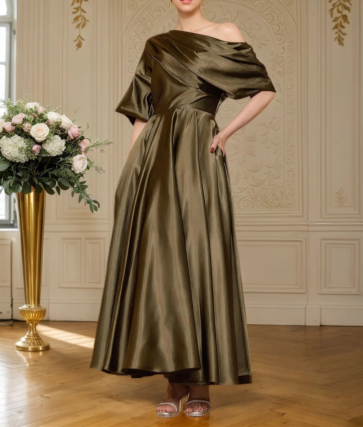 A-line Short Sleeves Pleated Ankle-Length Silk like Satin Mother of the Bride Dress