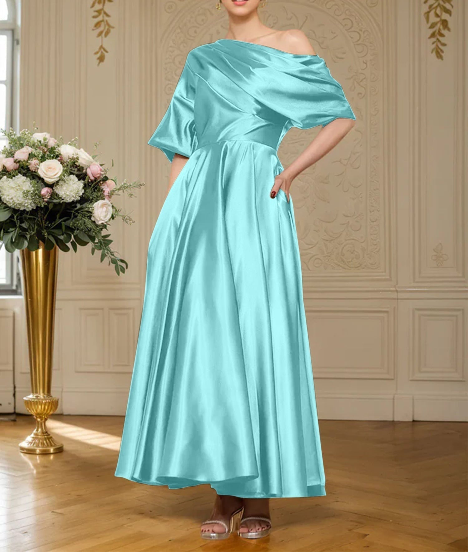A-line Short Sleeves Pleated Ankle-Length Silk like Satin Mother of the Bride Dress