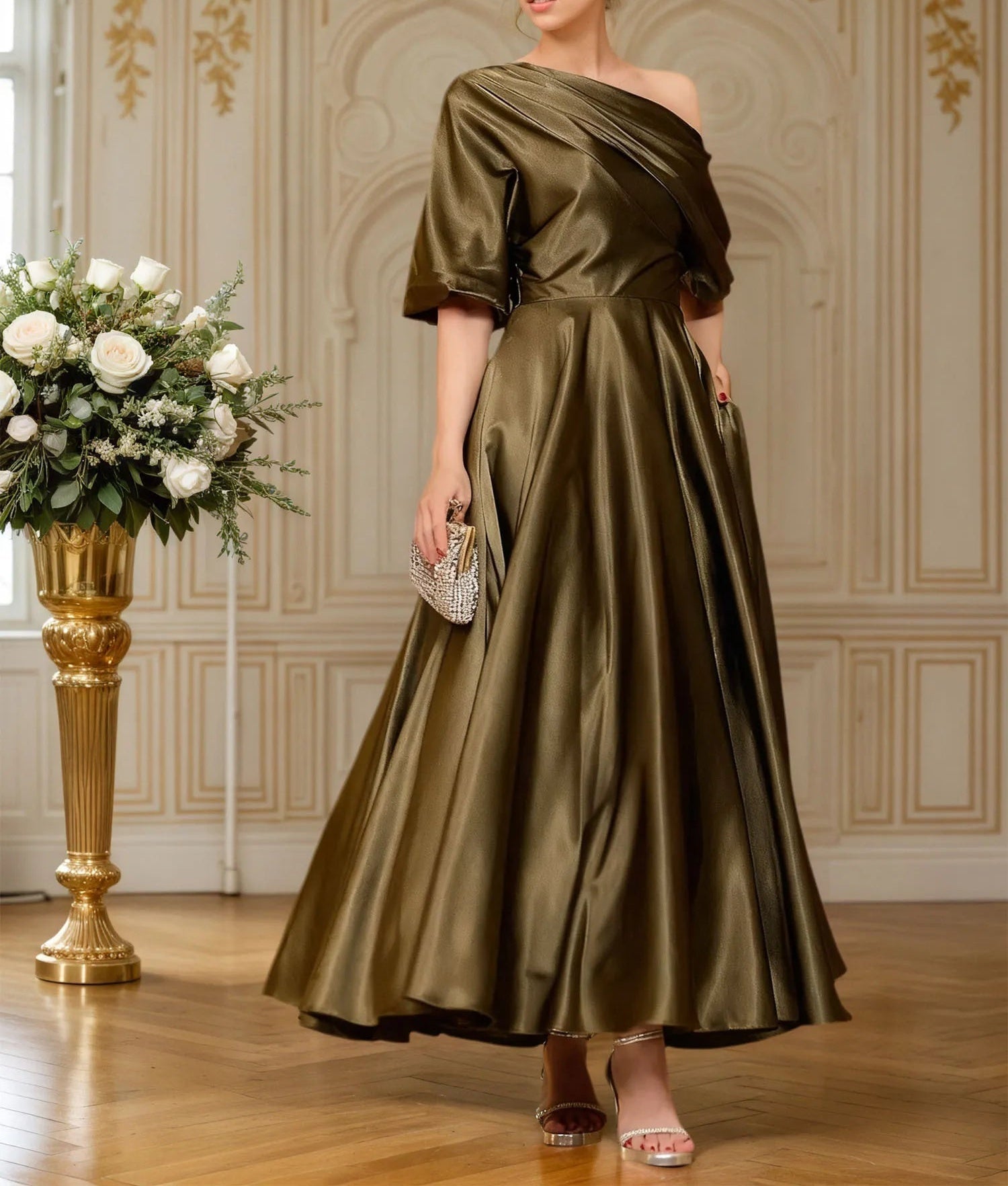 A-line Short Sleeves Pleated Ankle-Length Silk like Satin Mother of the Bride Dress