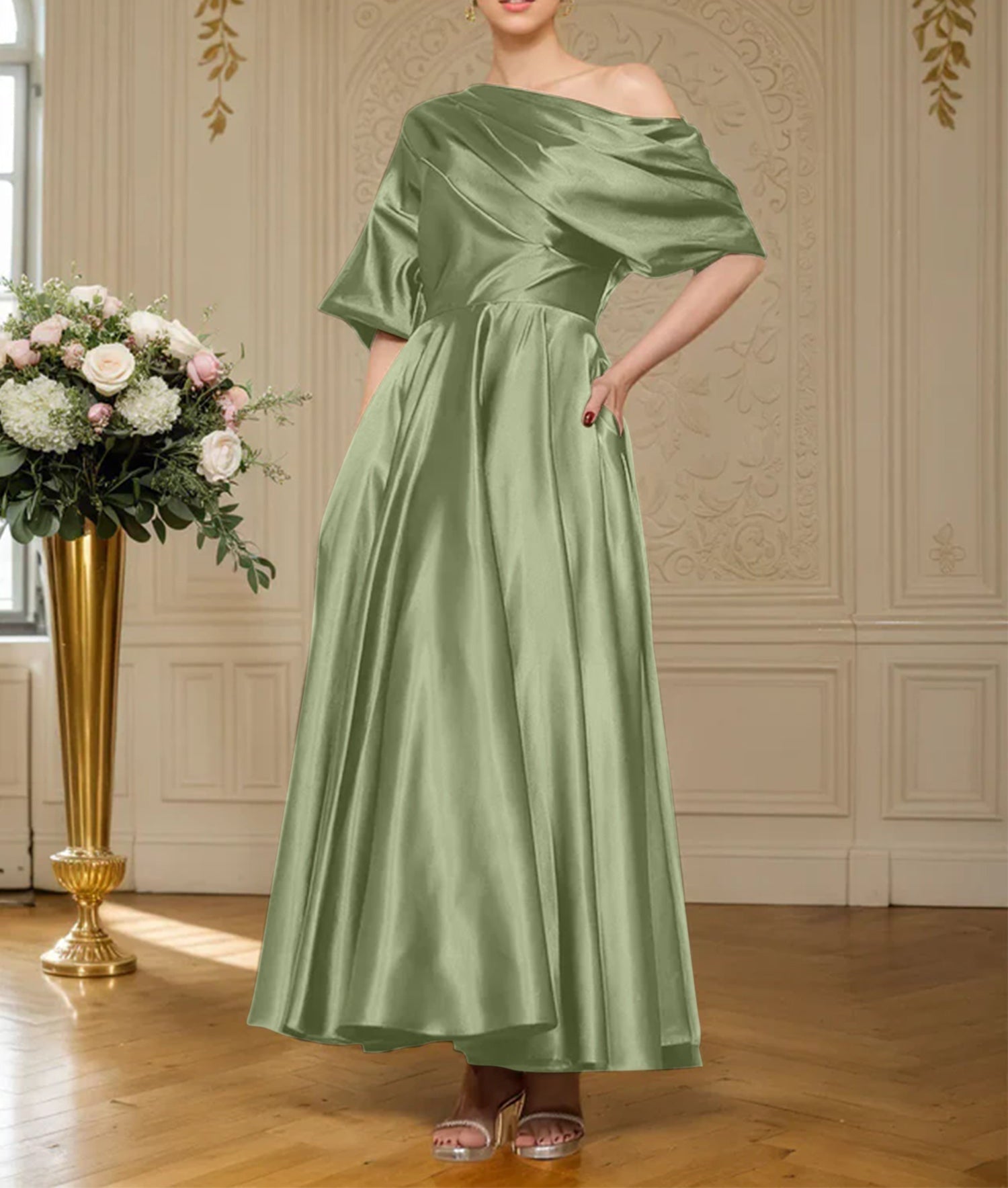 A-line Short Sleeves Pleated Ankle-Length Silk like Satin Mother of the Bride Dress