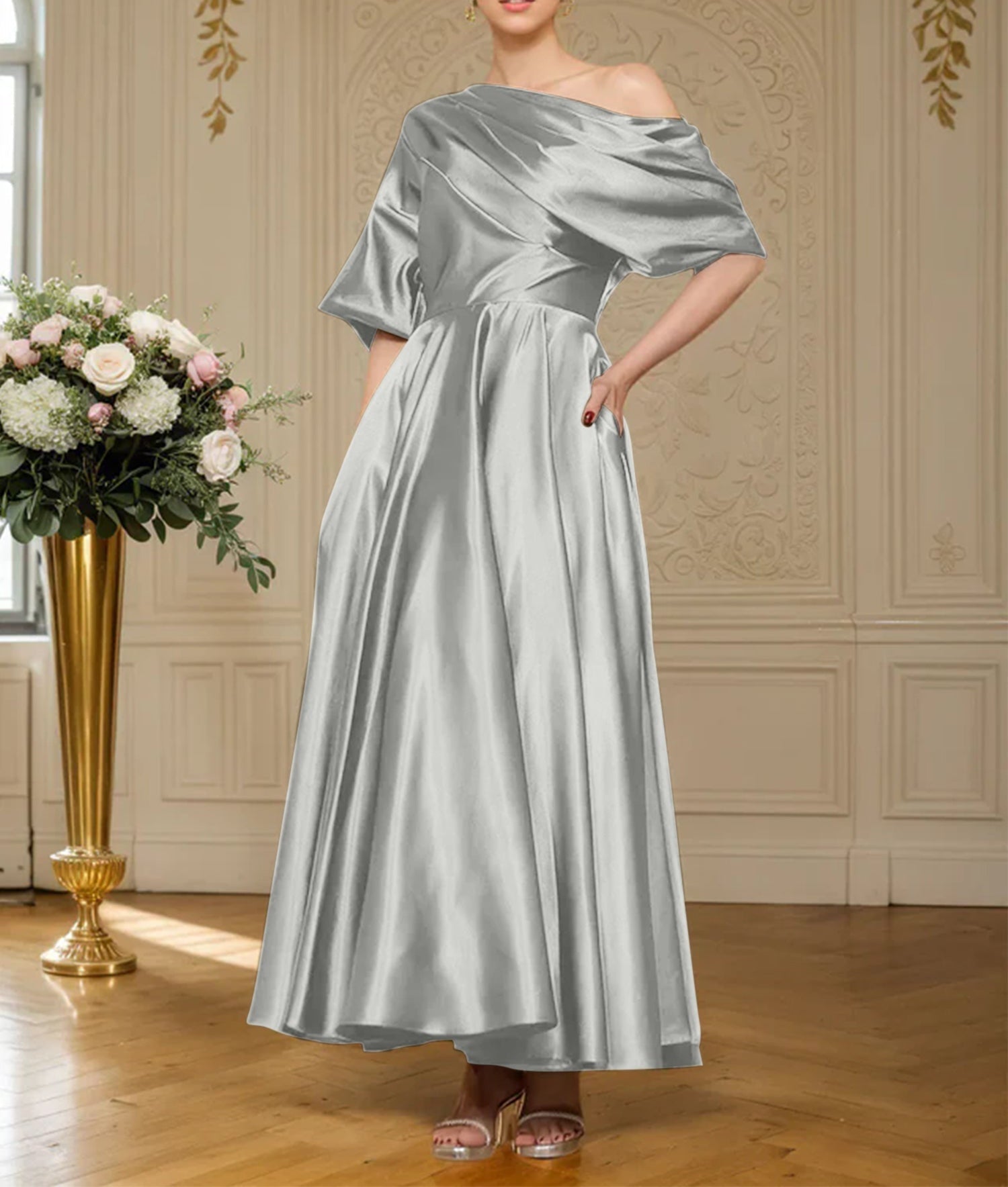 A-line Short Sleeves Pleated Ankle-Length Silk like Satin Mother of the Bride Dress