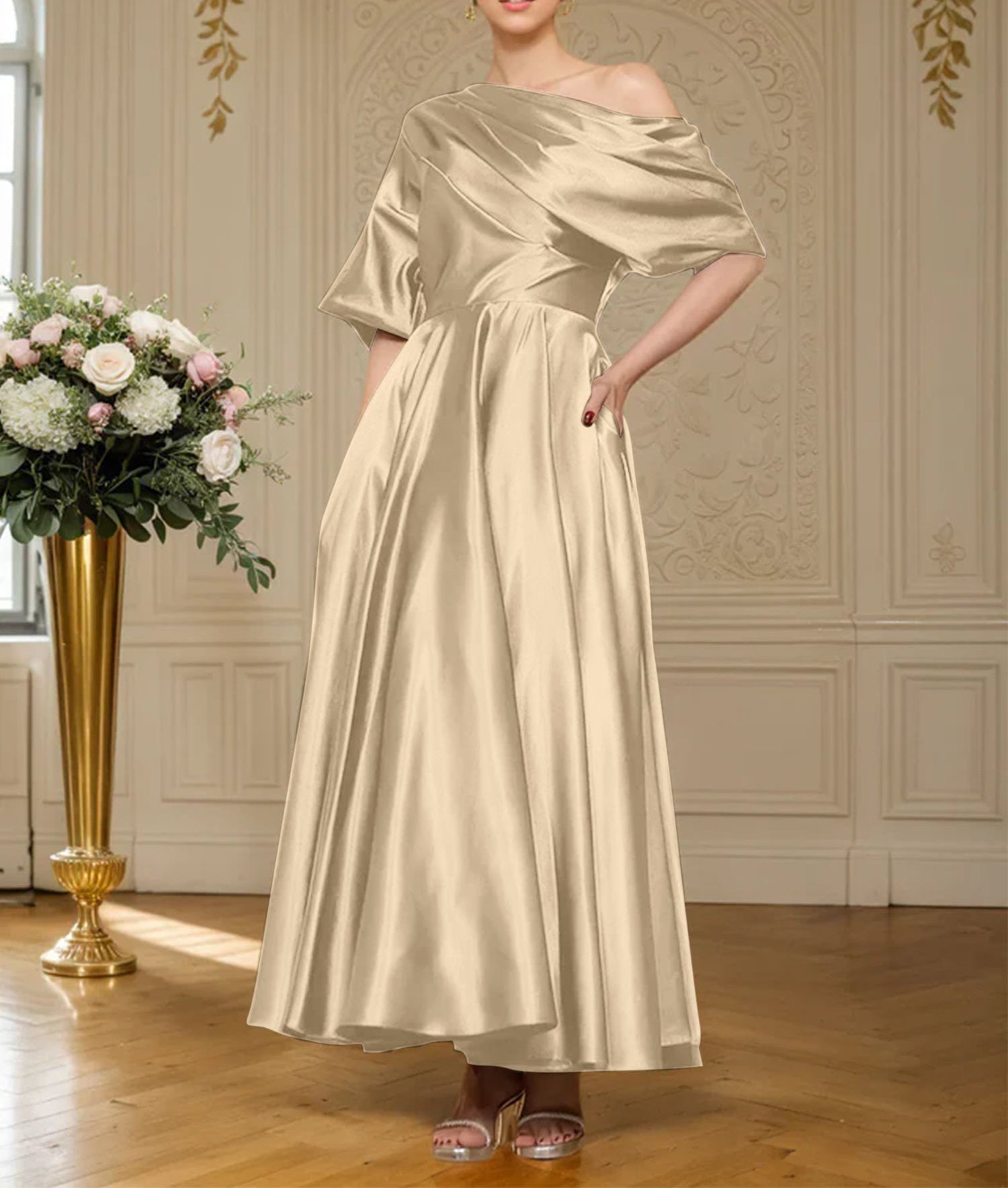 A-line Short Sleeves Pleated Ankle-Length Silk like Satin Mother of the Bride Dress