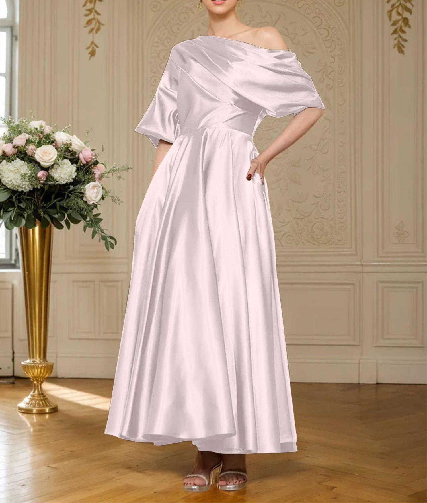 A-line Short Sleeves Pleated Ankle-Length Silk like Satin Mother of the Bride Dress