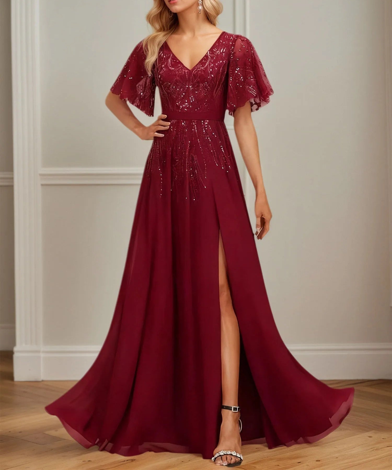 A-line V-Neck Floor-Length Lace Chiffon Evening Dress With Sequins