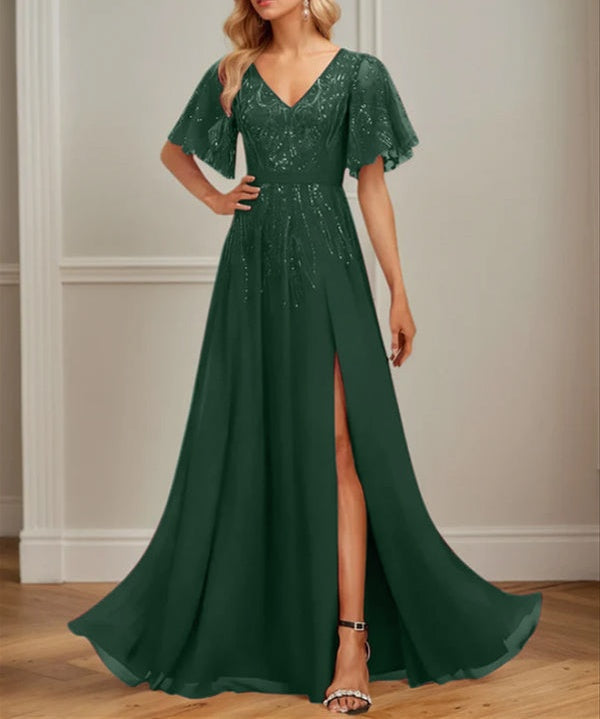 A-line V-Neck Floor-Length Lace Chiffon Evening Dress With Sequins