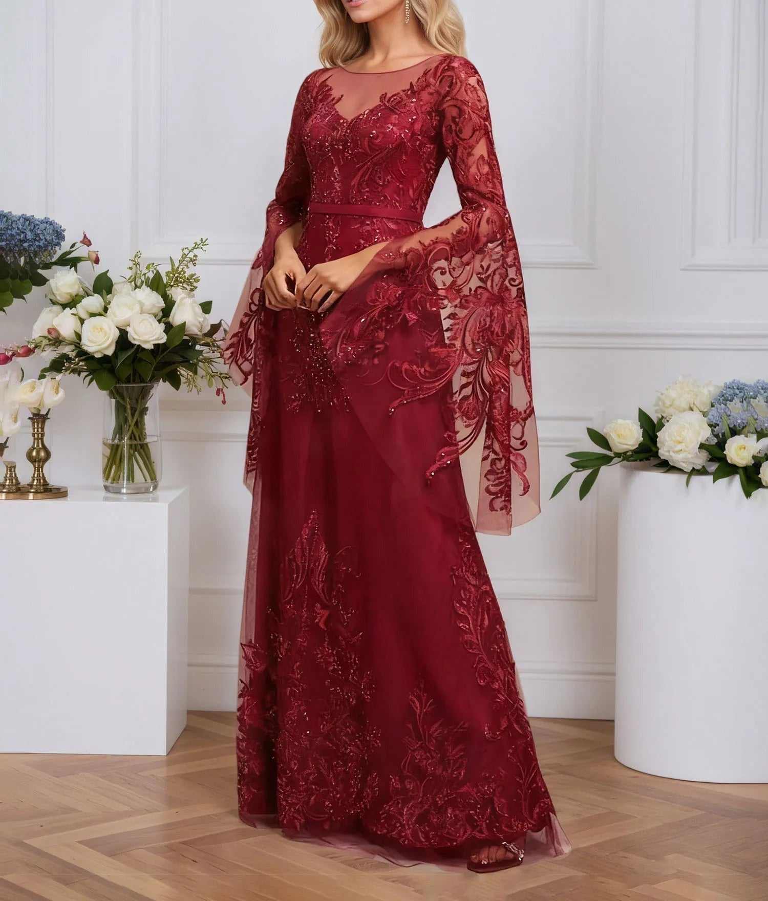 A-line Scoop Illusion Floor-Length Tulle Lace Evening Dress With Sequins