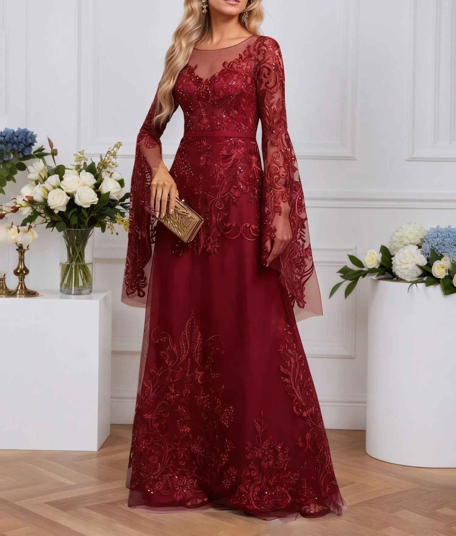 A-line Scoop Illusion Floor-Length Tulle Lace Evening Dress With Sequins
