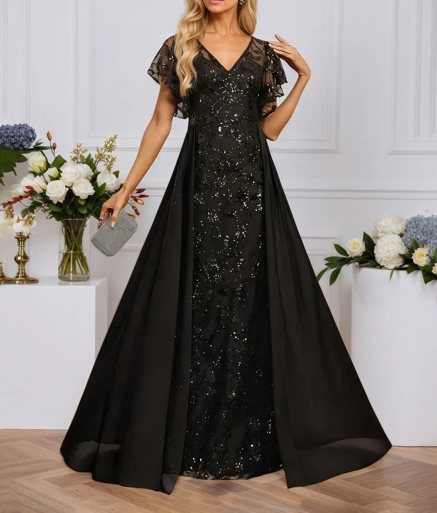 Sheath/Column Illusion V-Neck Floor-Length Sequin Chiffon Lace Evening Dress With Overskirt