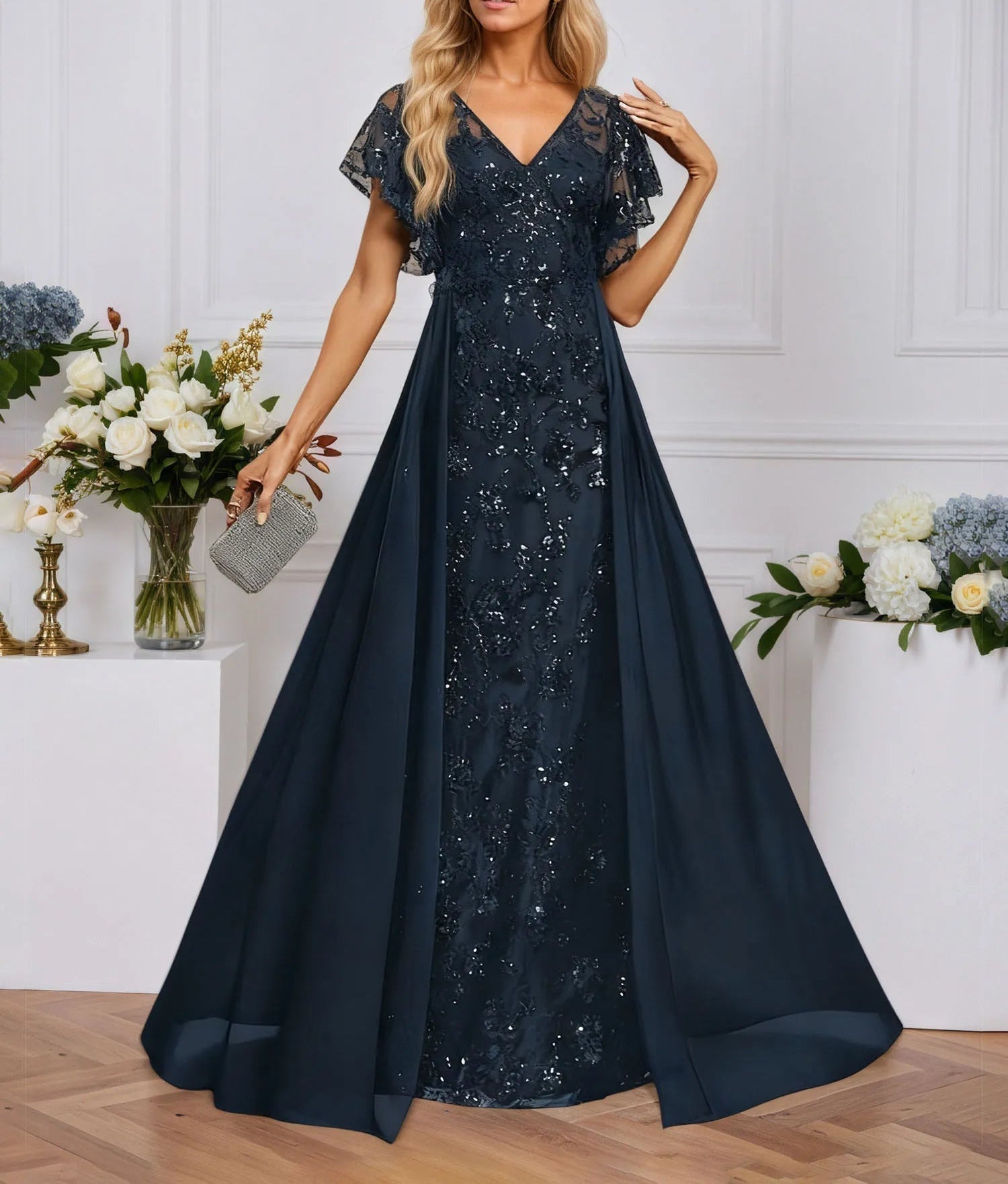 Sheath/Column Illusion V-Neck Floor-Length Sequin Chiffon Lace Evening Dress With Overskirt