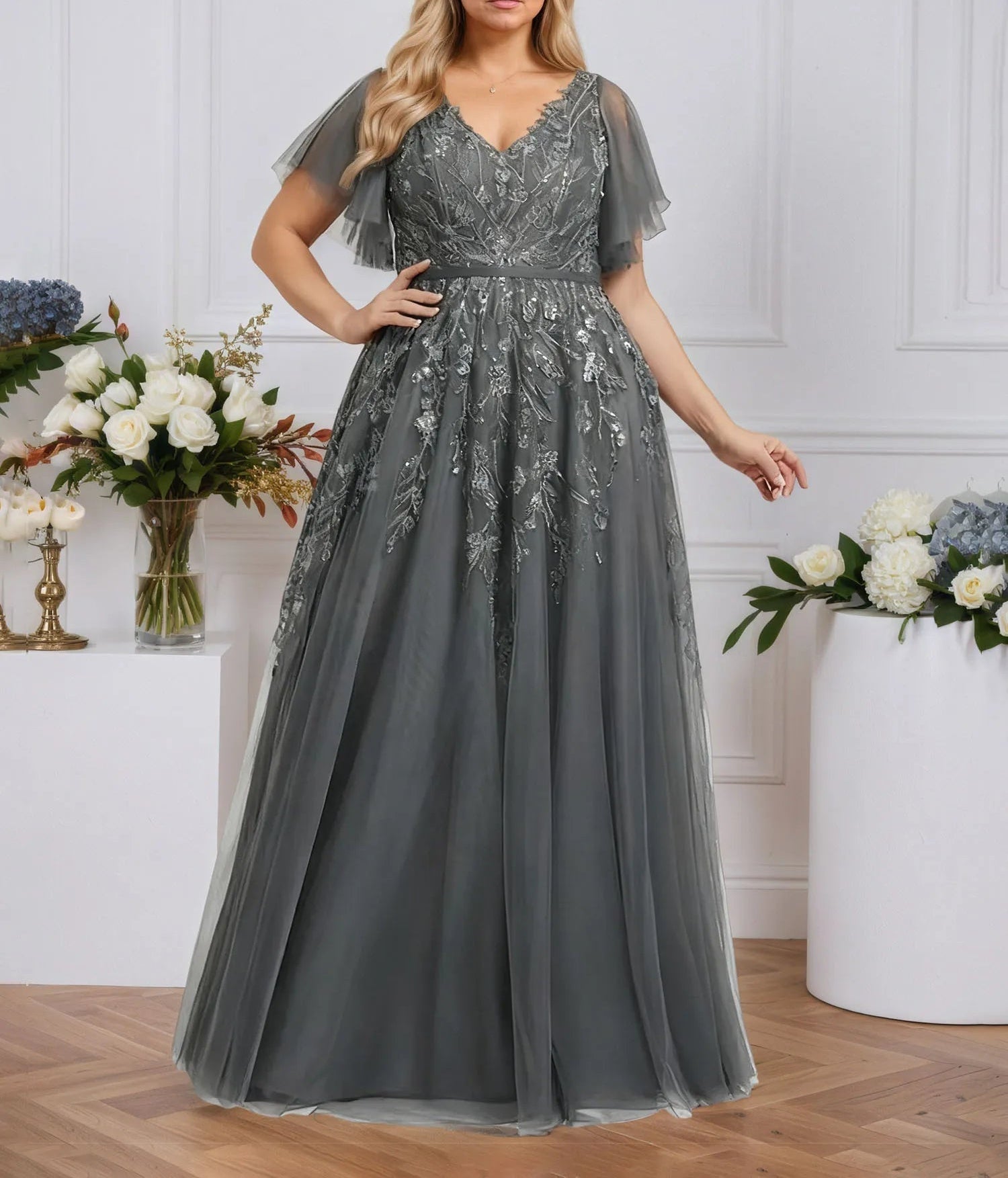 A-line V-Neck Floor-Length Tulle Lace Evening Dress With Sequins