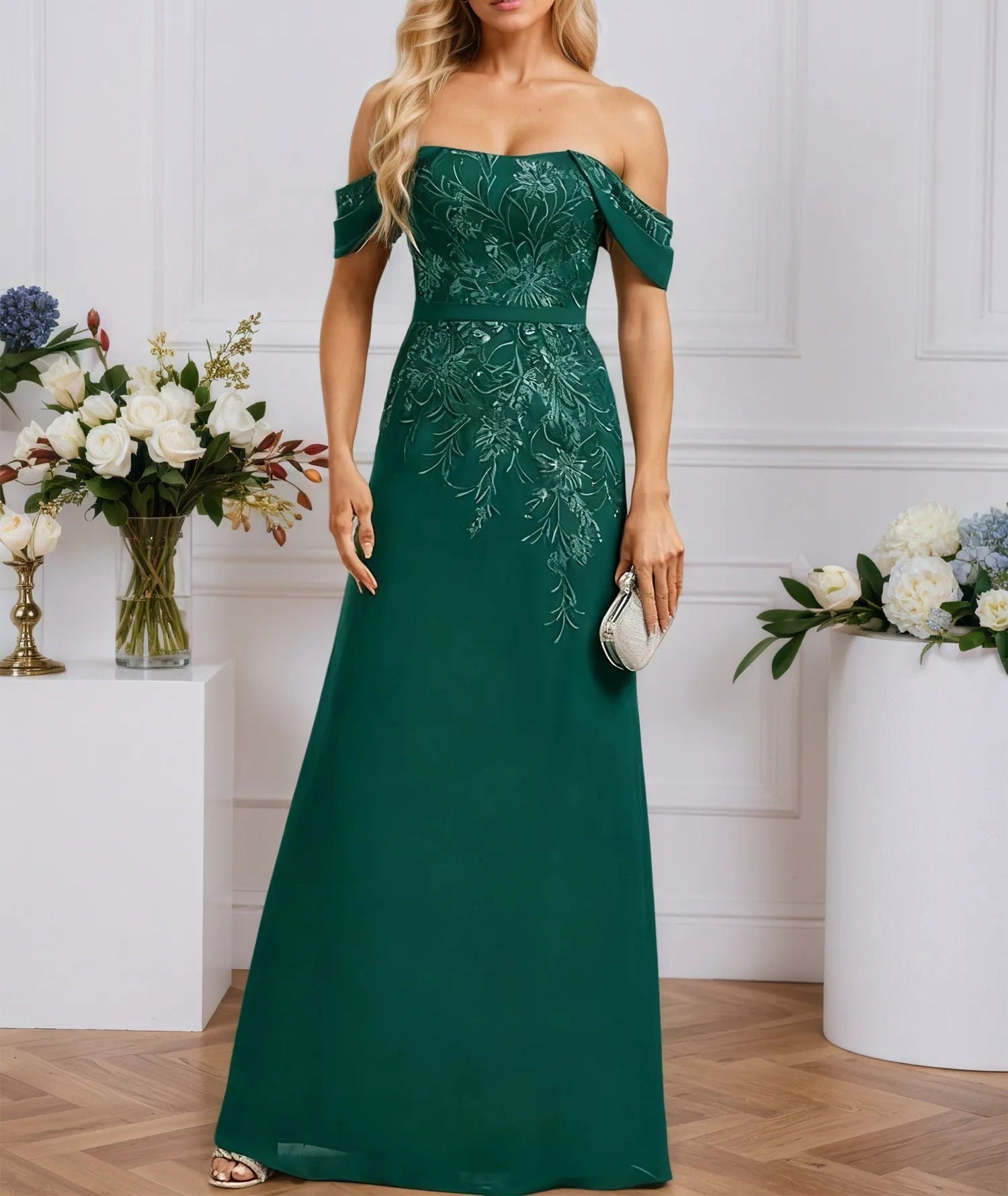 Sheath/Column Off the Shoulder Floor-Length Lace Chiffon Evening Dress With Sequins